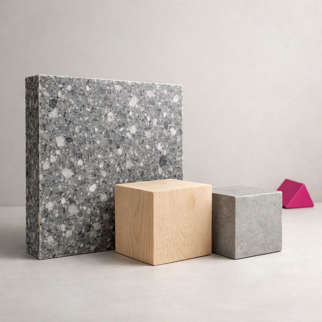 Recycled plastic panels vs timber and concrete samples for low embodied carbon construction in Australia.