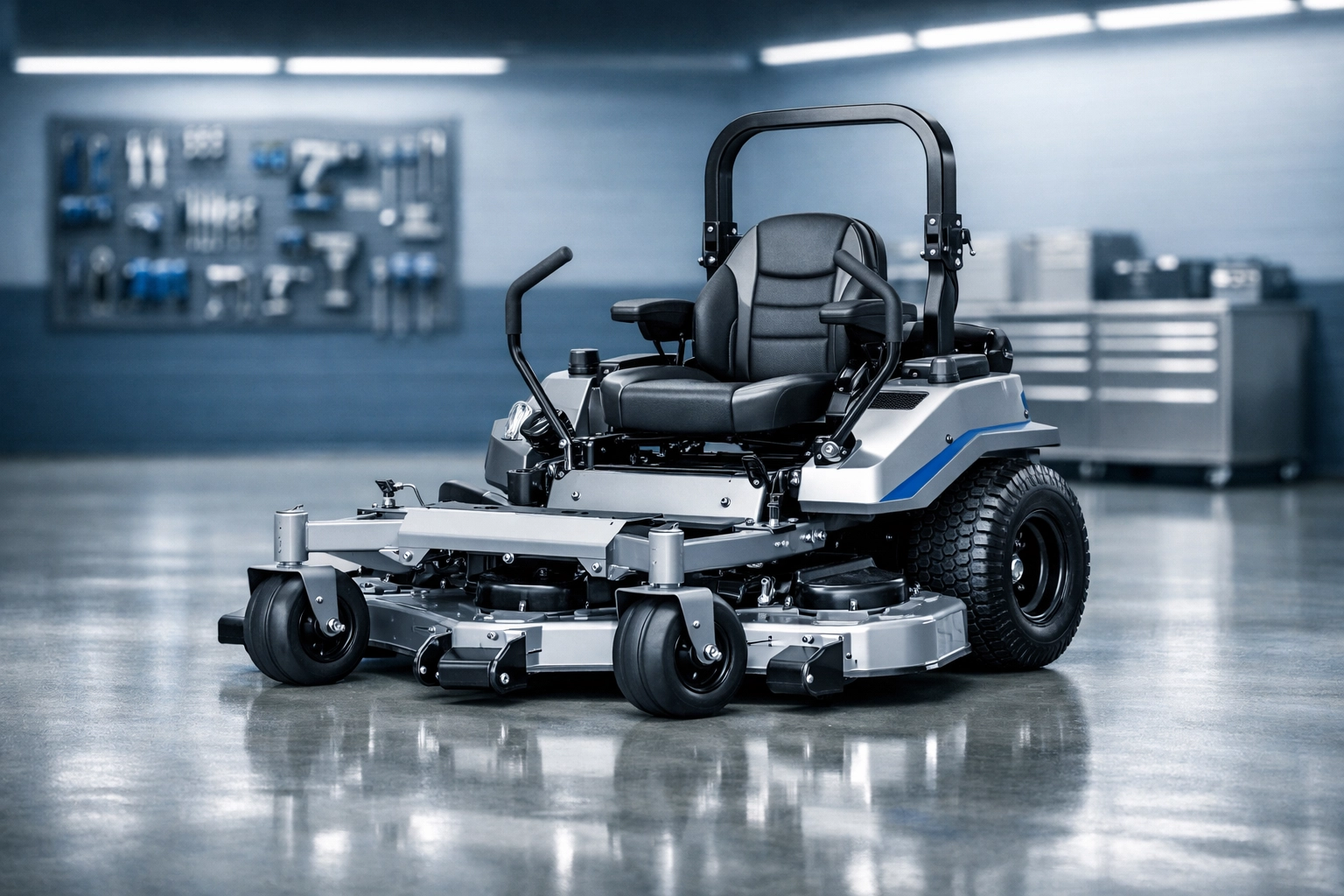 Well-maintained commercial zero-turn mower in a clean shop representing turnkey landscaping business assets.