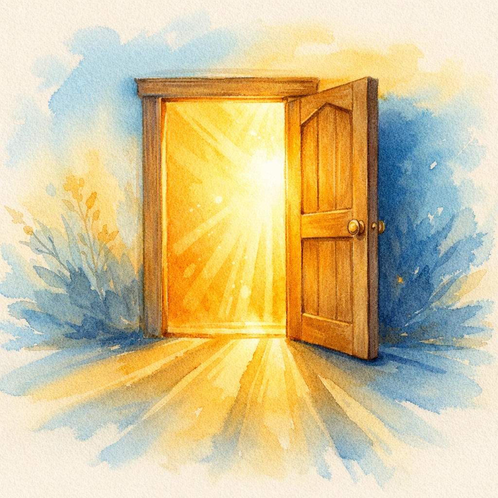 Open door with golden light streaming through symbolizing welcome and invitation to faith community