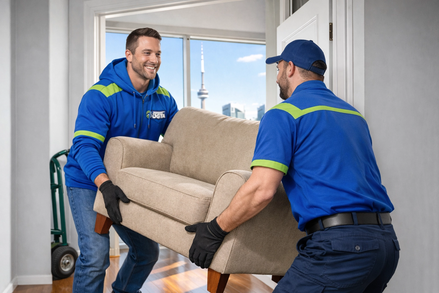 The Condo Owner’s Guide to Stress-Free Furniture Removal in Toronto Professional junk removal experts moving a heavy armchair in a Toronto condo with city views.