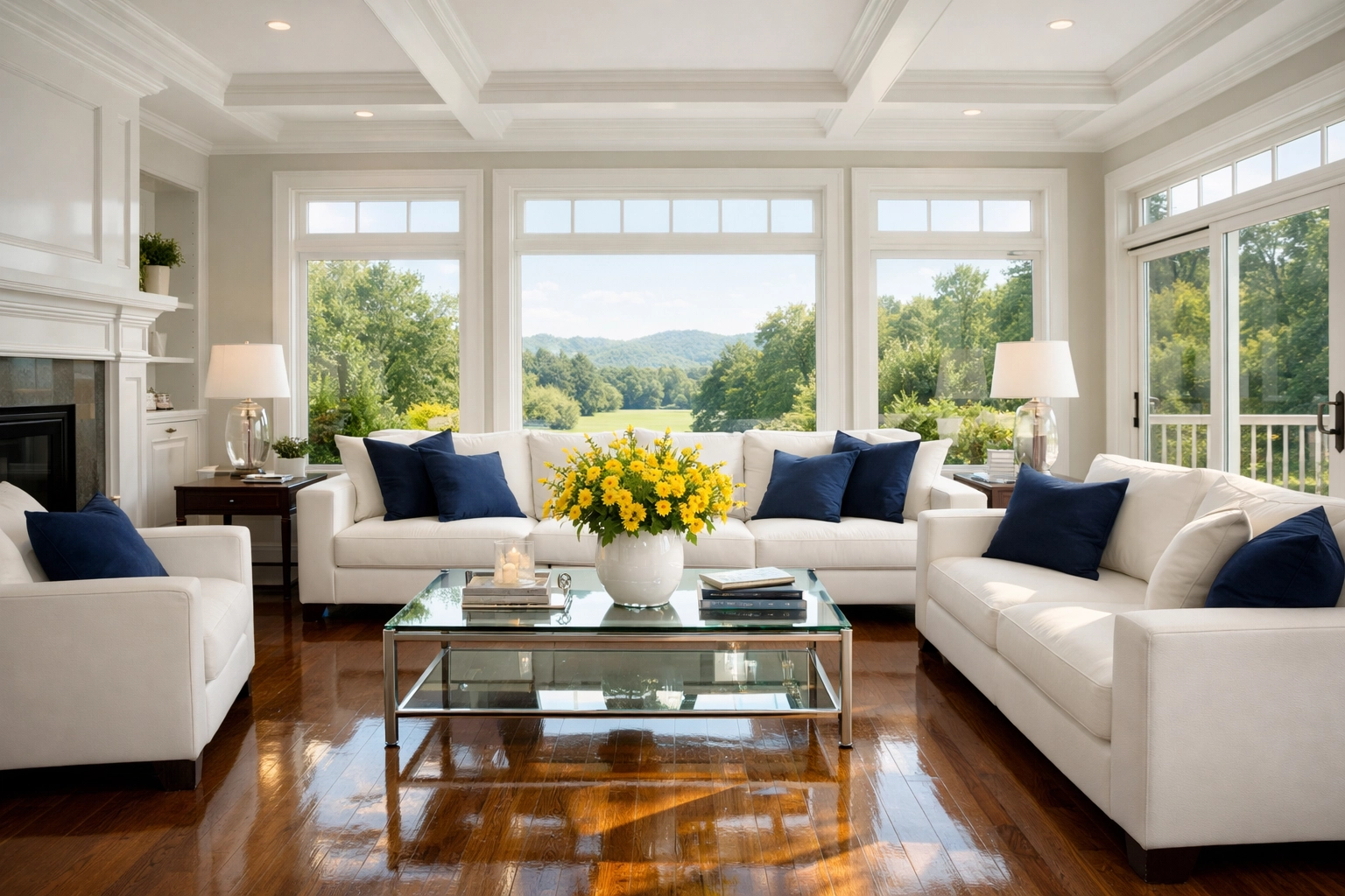 Polished hardwood floors in a sun-drenched Paxton living room following professional bi-weekly cleaning.