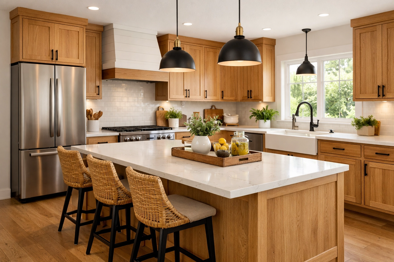 Modern kitchen remodeling Orlando with white oak Shaker cabinets and quartz countertops