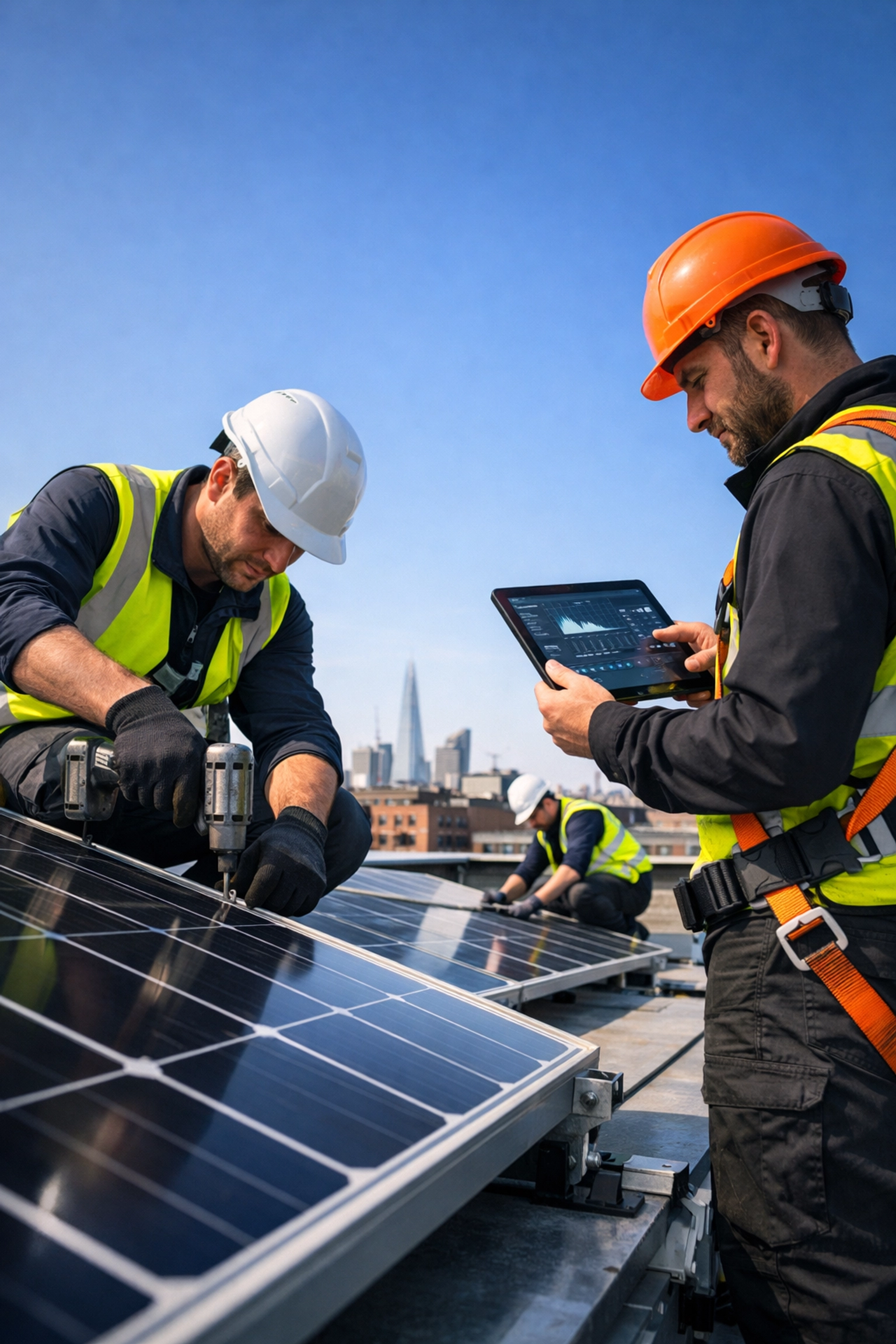Professional installation team mounting commercial solar panels on a UK business rooftop