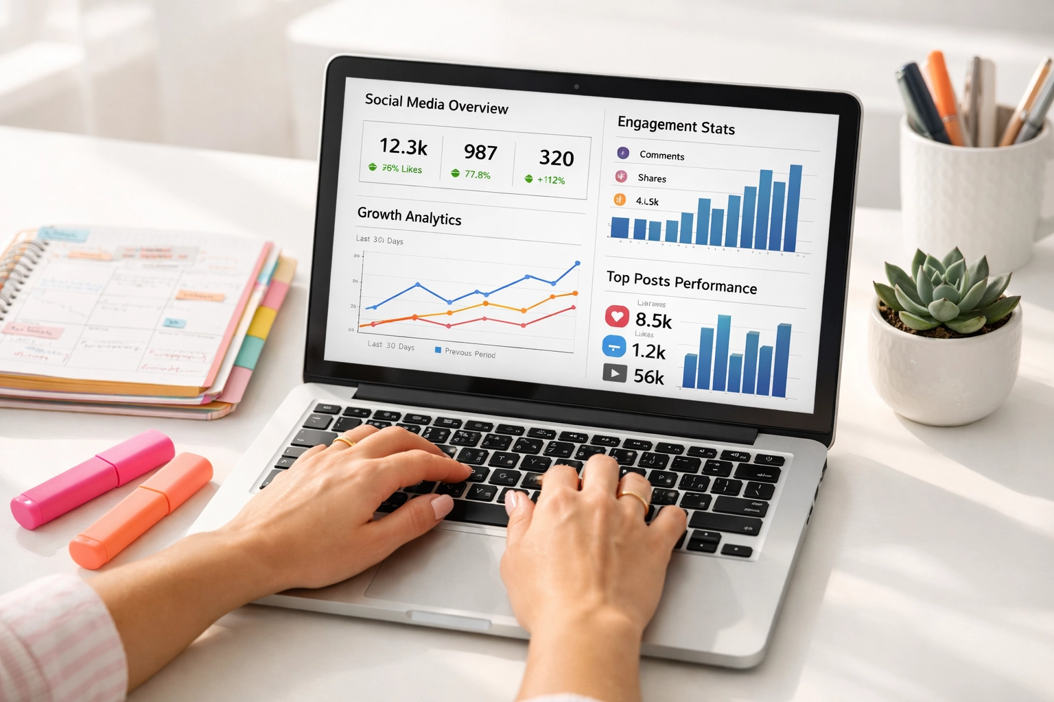 Tracking social media engagement metrics and analytics on laptop for lead generation strategy