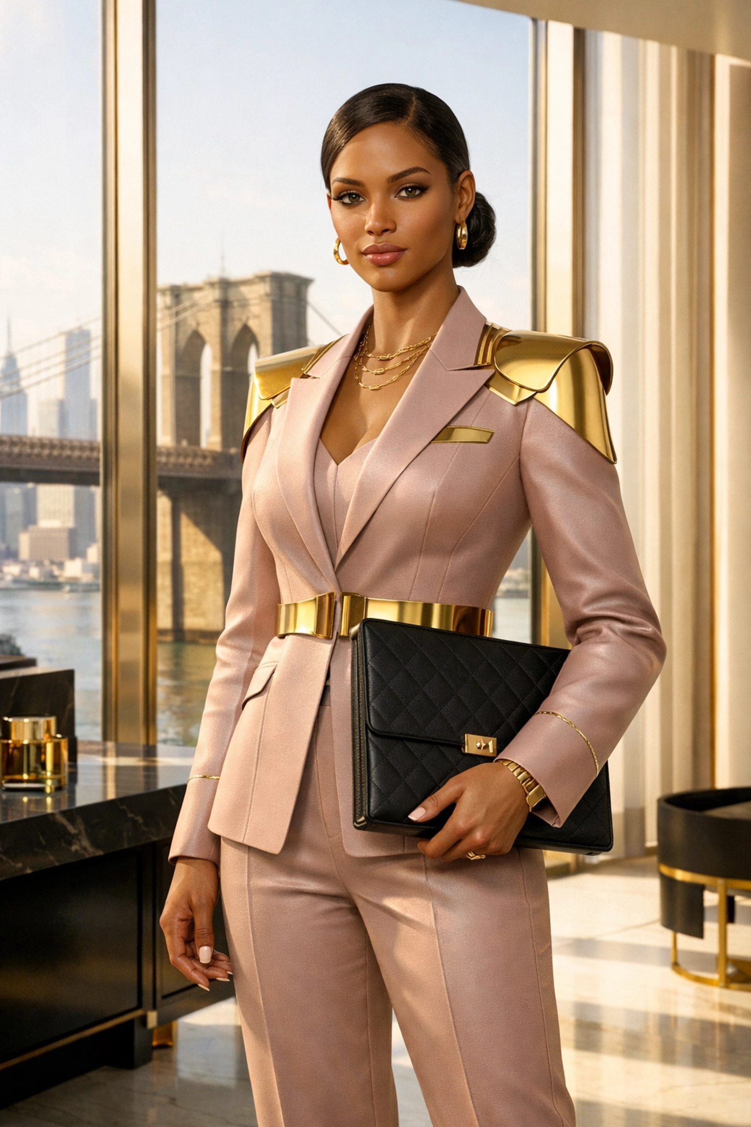 Powerful woman entrepreneur in a high-rise office, representing the Warrior of Justice and Bronx financial success.