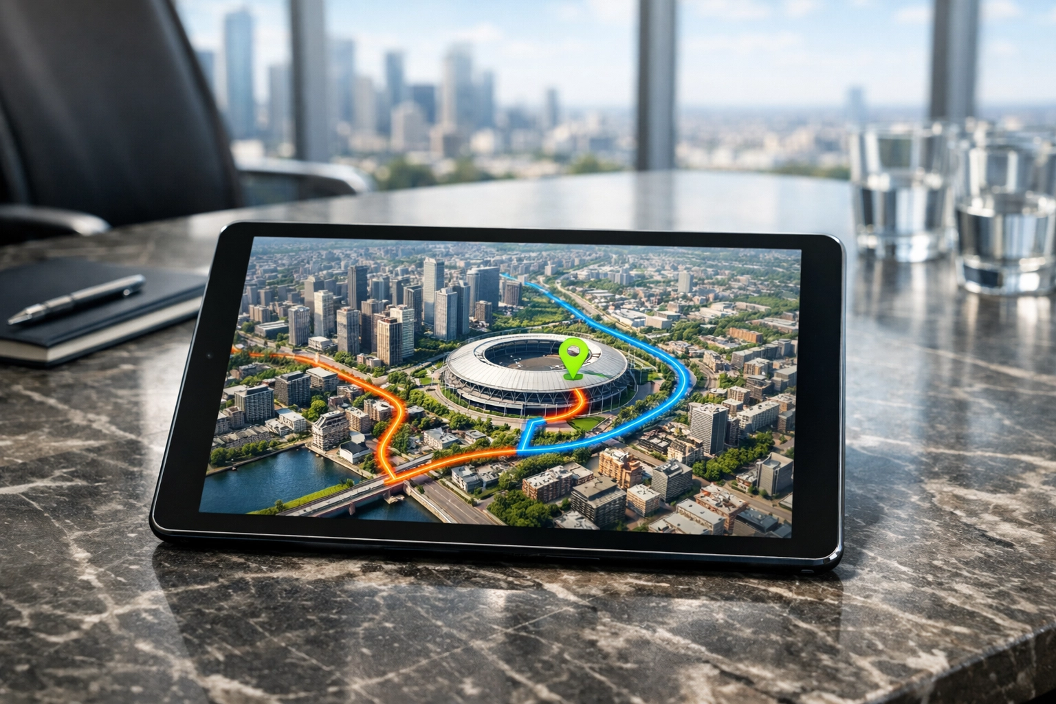 Professional travel planning tablet displaying stadium navigation routes and city logistics.