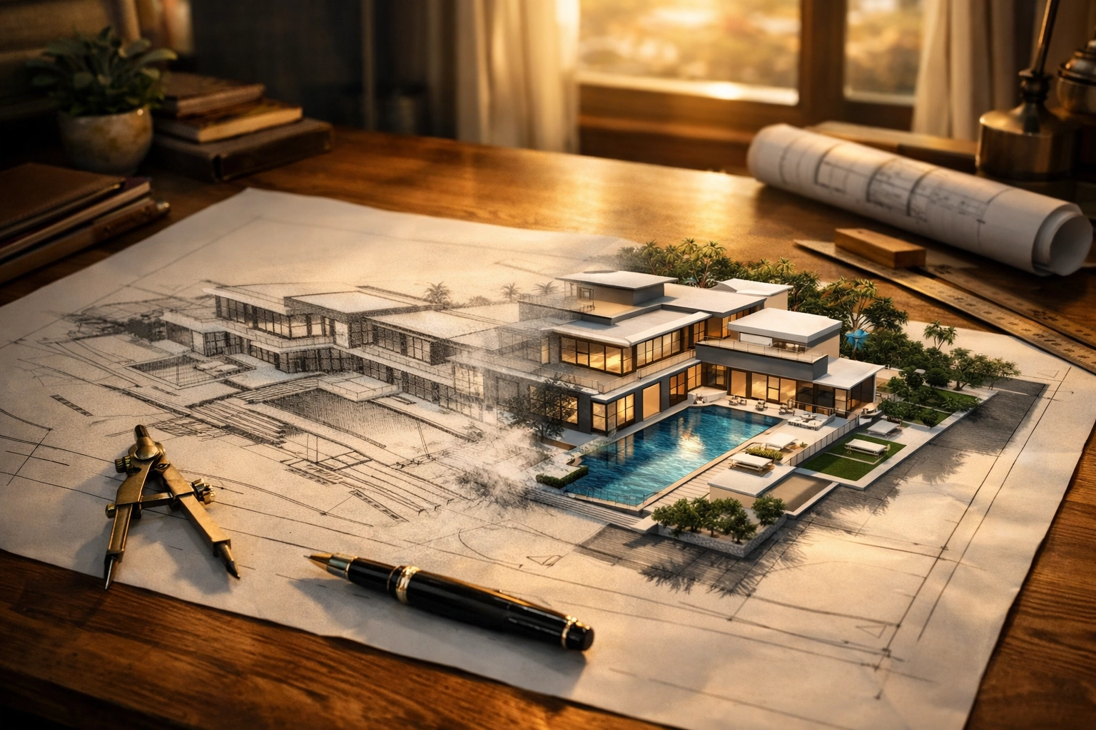 Architectural blueprint of a luxury home on a desk representing the foundation of a real estate brand.