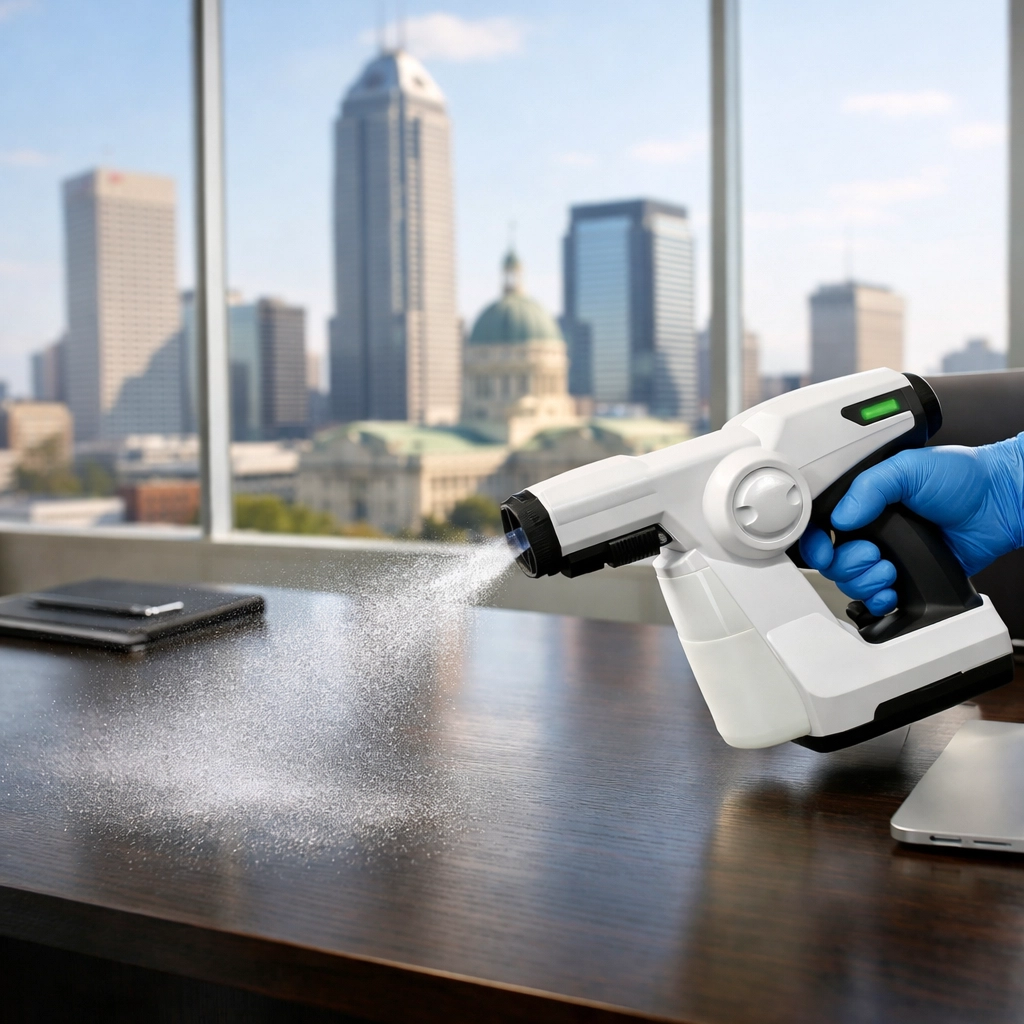 Professional electrostatic spraying service in a modern Indianapolis corporate office.