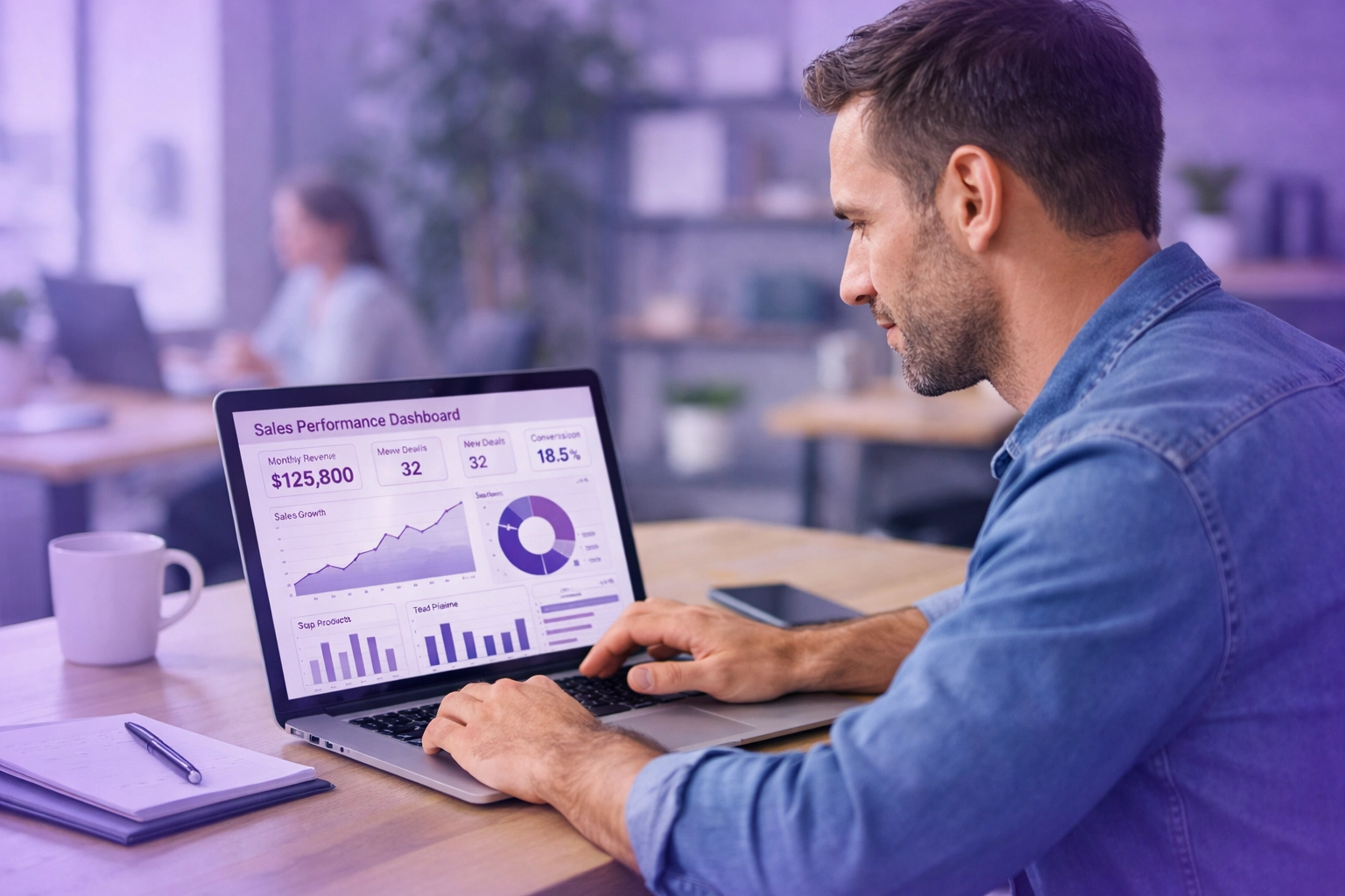 Business data dashboard on a professional laptop showing rising ROI and sales growth trends.