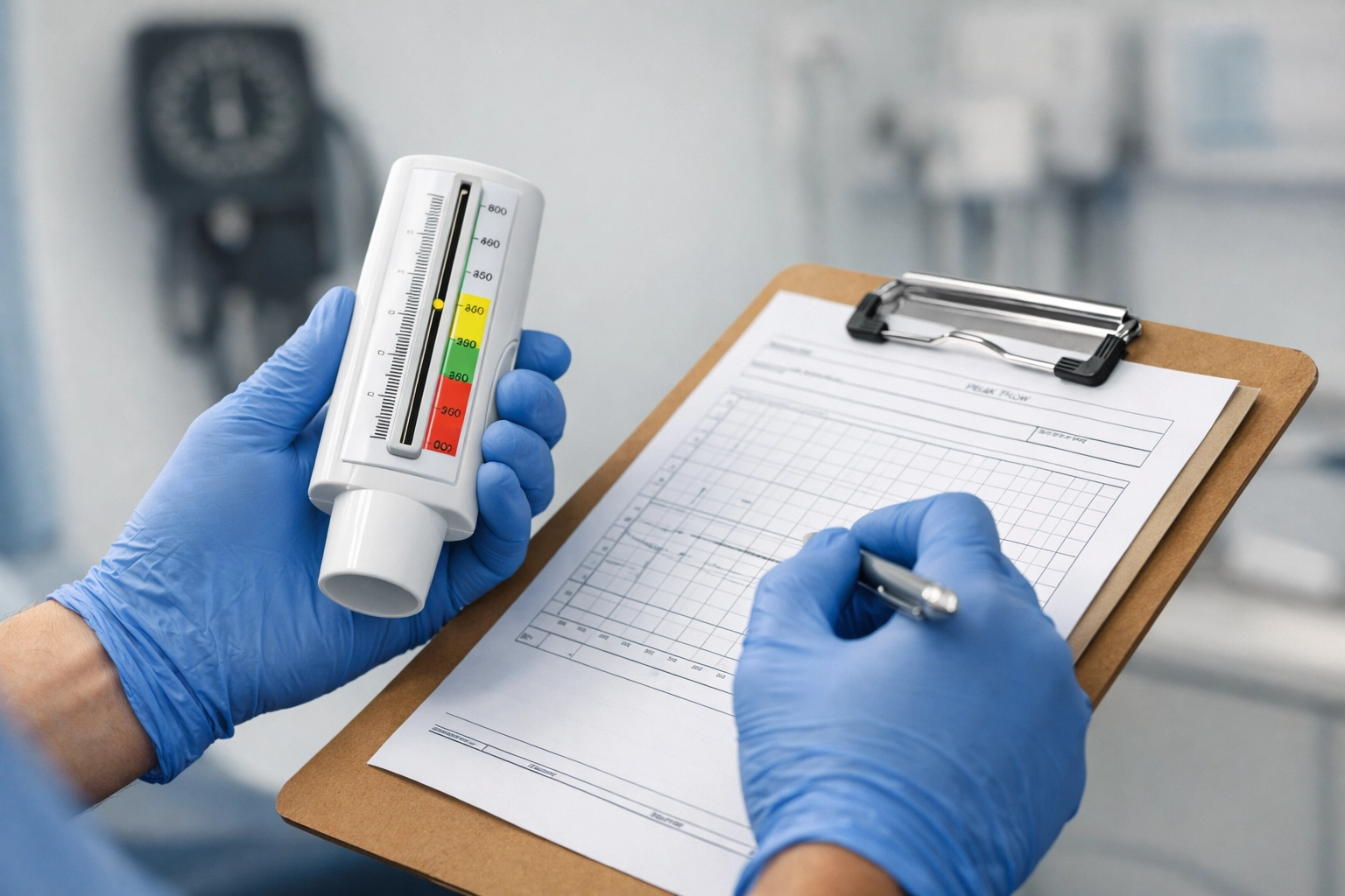 A clinician holding a peak flow meter during a respiratory pathway assessment to meet NRAP monitoring standards.