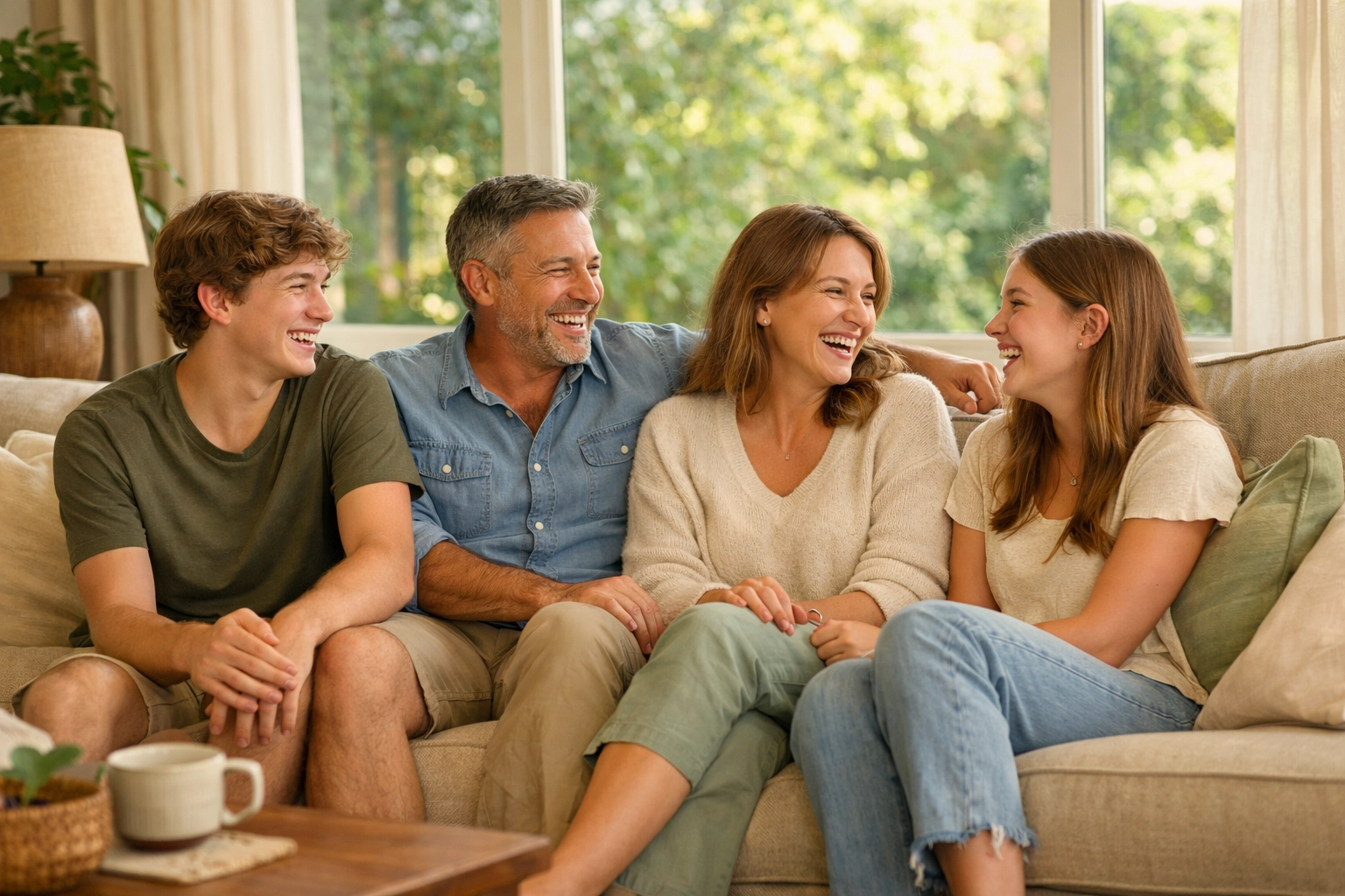 A happy family talking and laughing together at home, showing real-world connection and mental health.