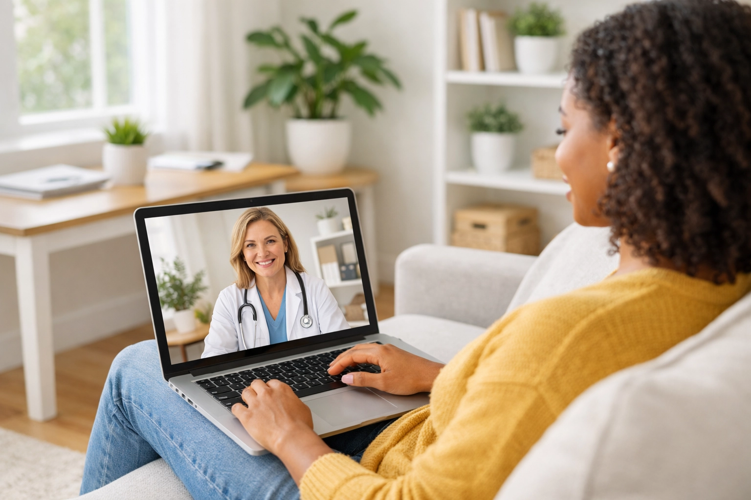 Patient participating in online weight loss consultation via video call at home