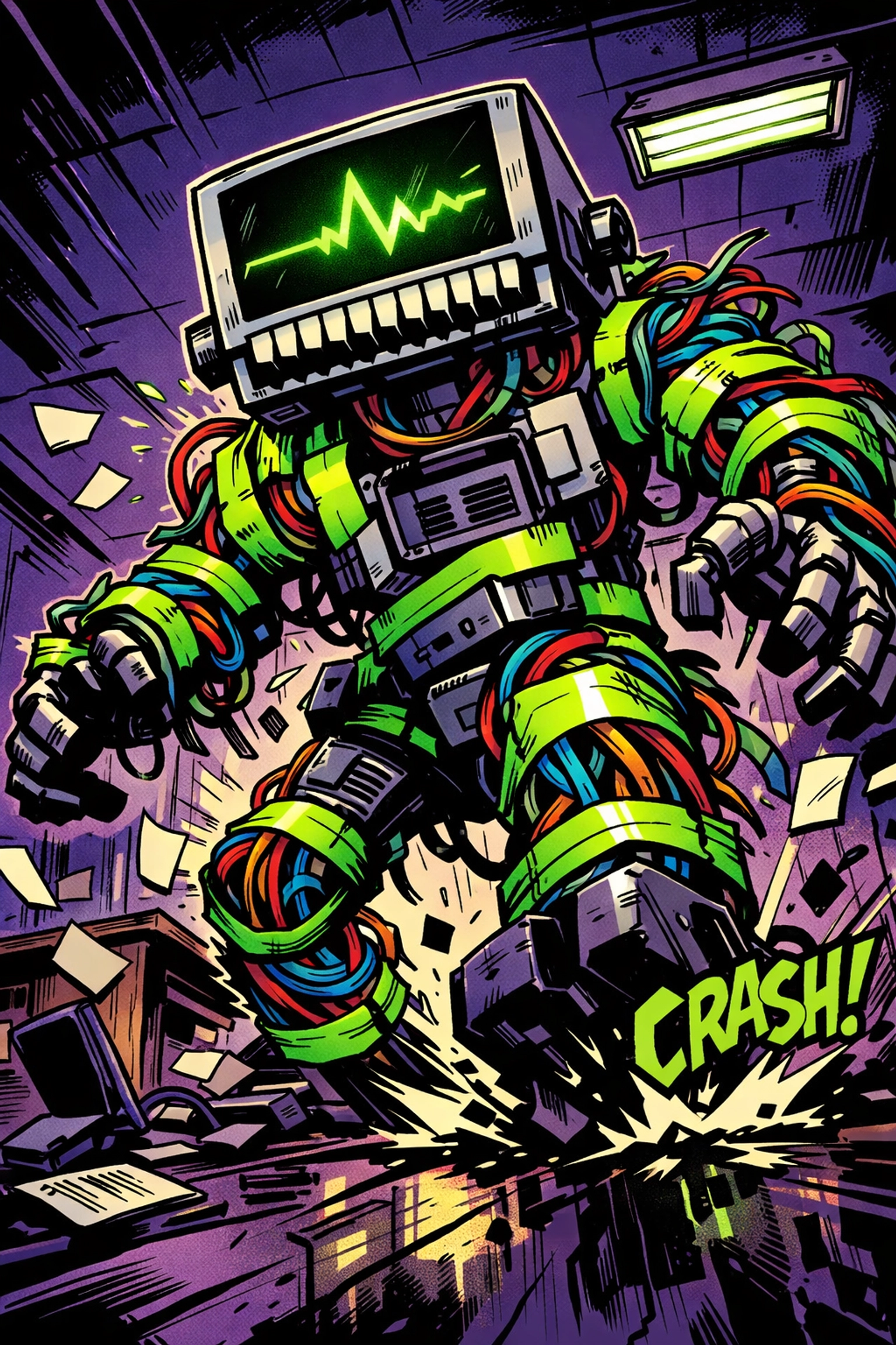 A tech Frankenstein monster illustrating the chaos of mismatched business automation integrations.