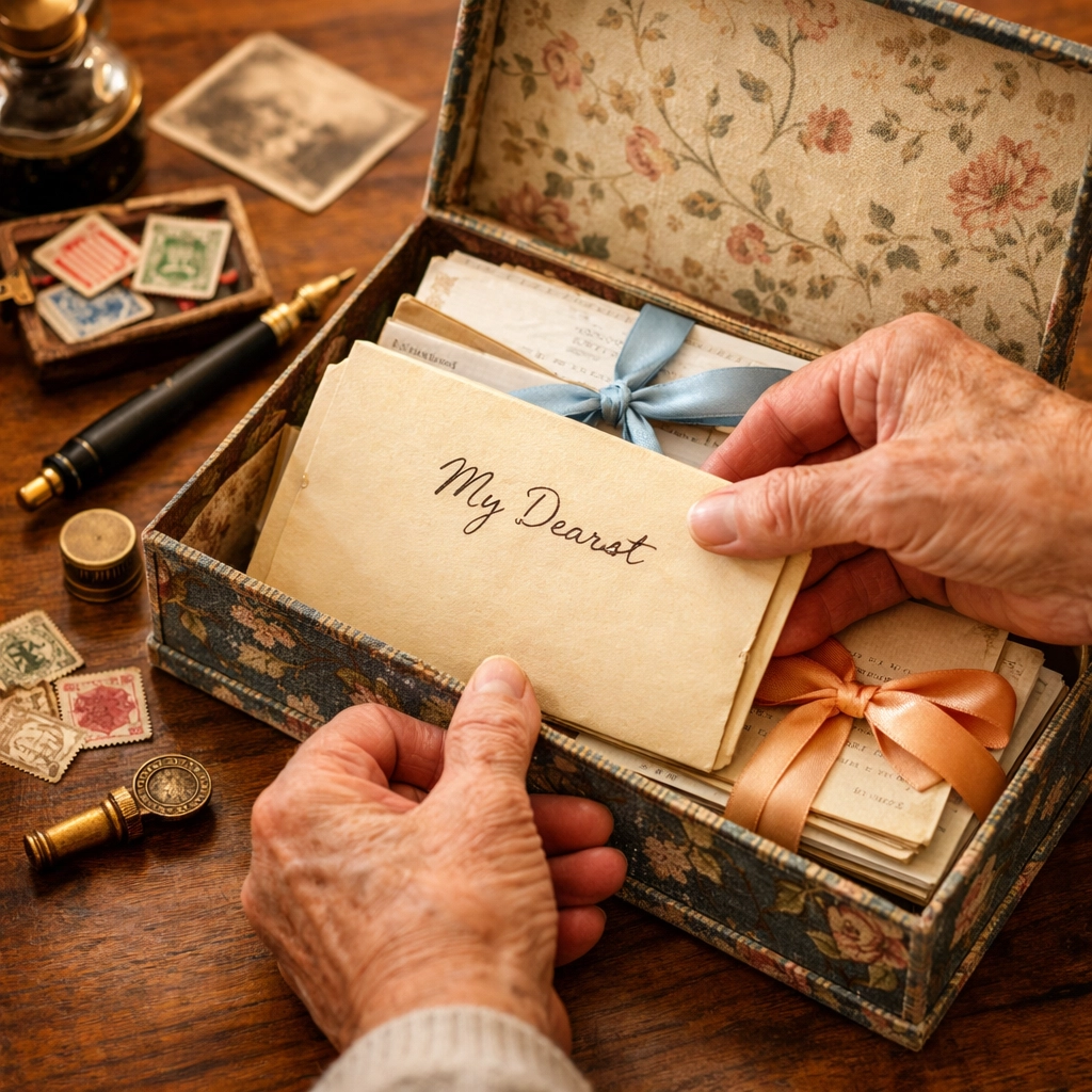 Hands preserving cherished pen pal letters in memory box with ribbon and keepsakes