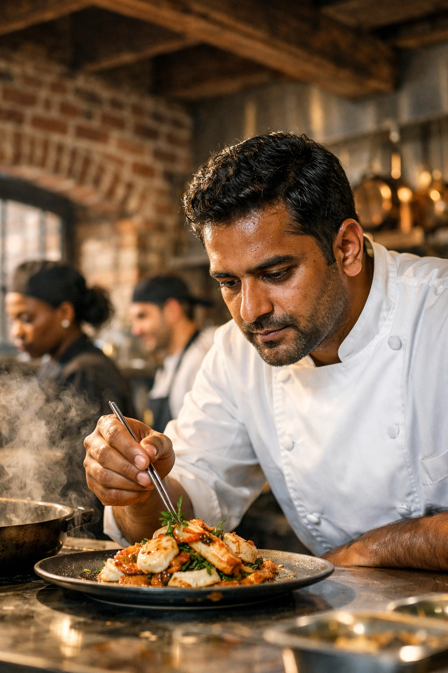 Professional chef preparing world-class seafood in a historic Fisherman’s Wharf restaurant kitchen.