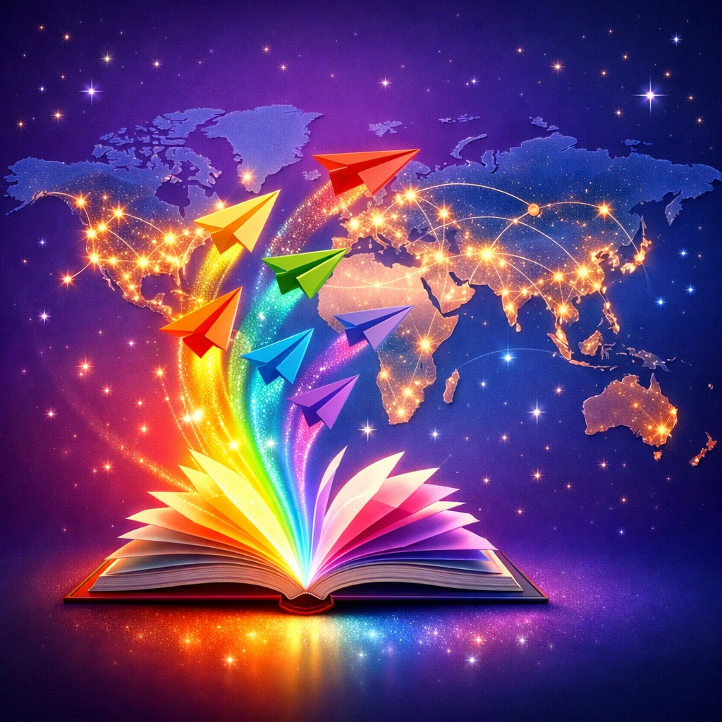 Open book with rainbow pages connecting to world map showing global LGBTQ+ ebook distribution