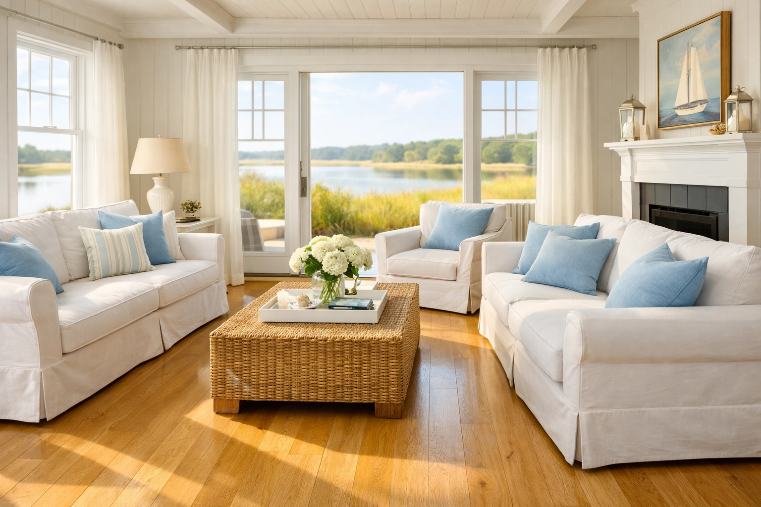 Impeccably clean Cape Cod living room in Cotuit with polished hardwood floors and coastal decor.