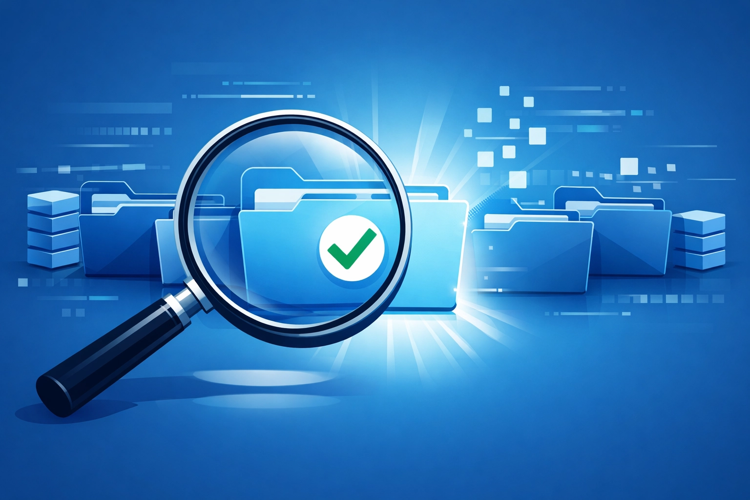 Magnifying glass verifying digital files to ensure successful data recovery and cybersecurity
