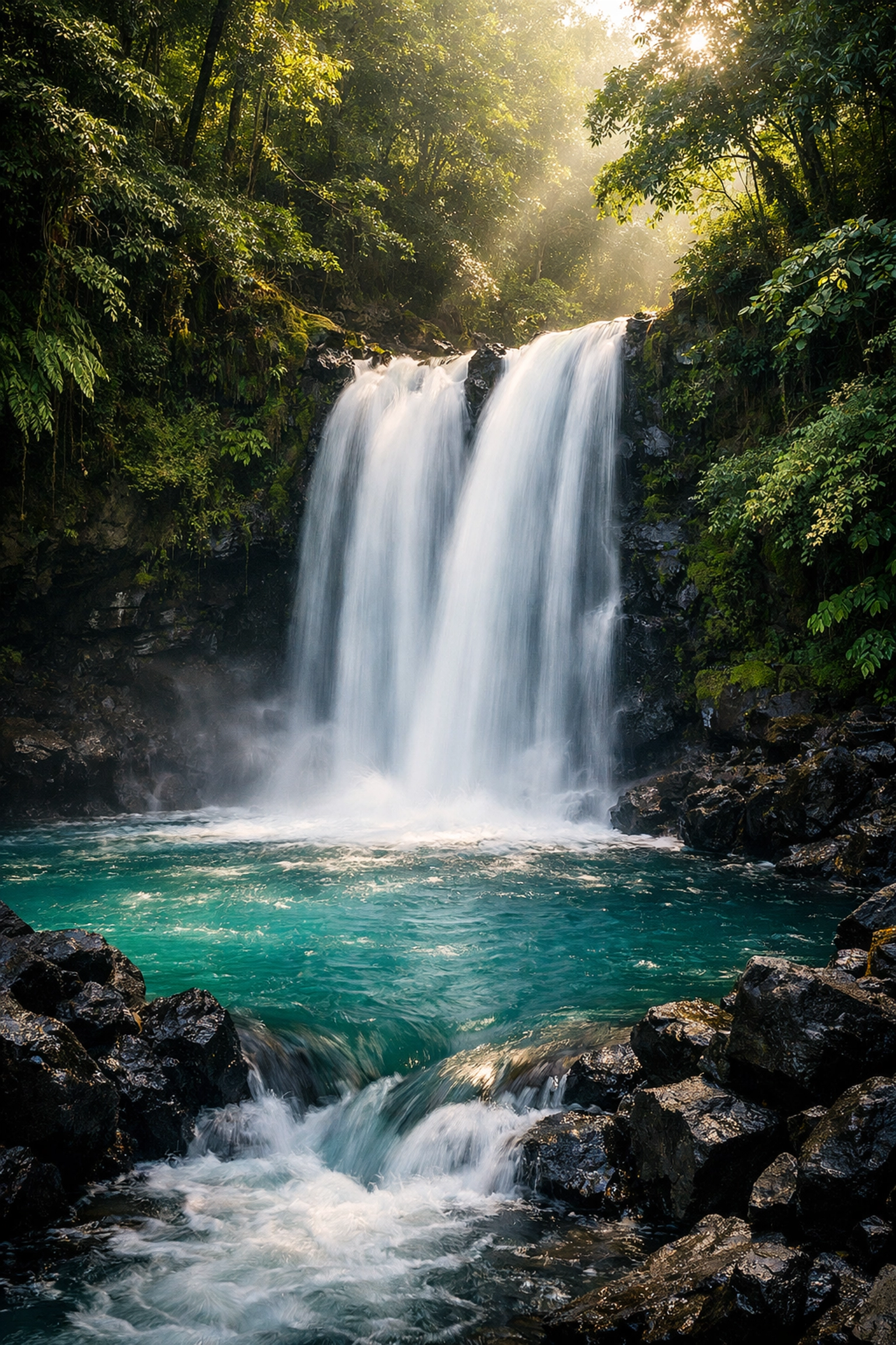 Fine art waterfall photo with long exposure, showcasing advanced landscape photography editing and perspective.