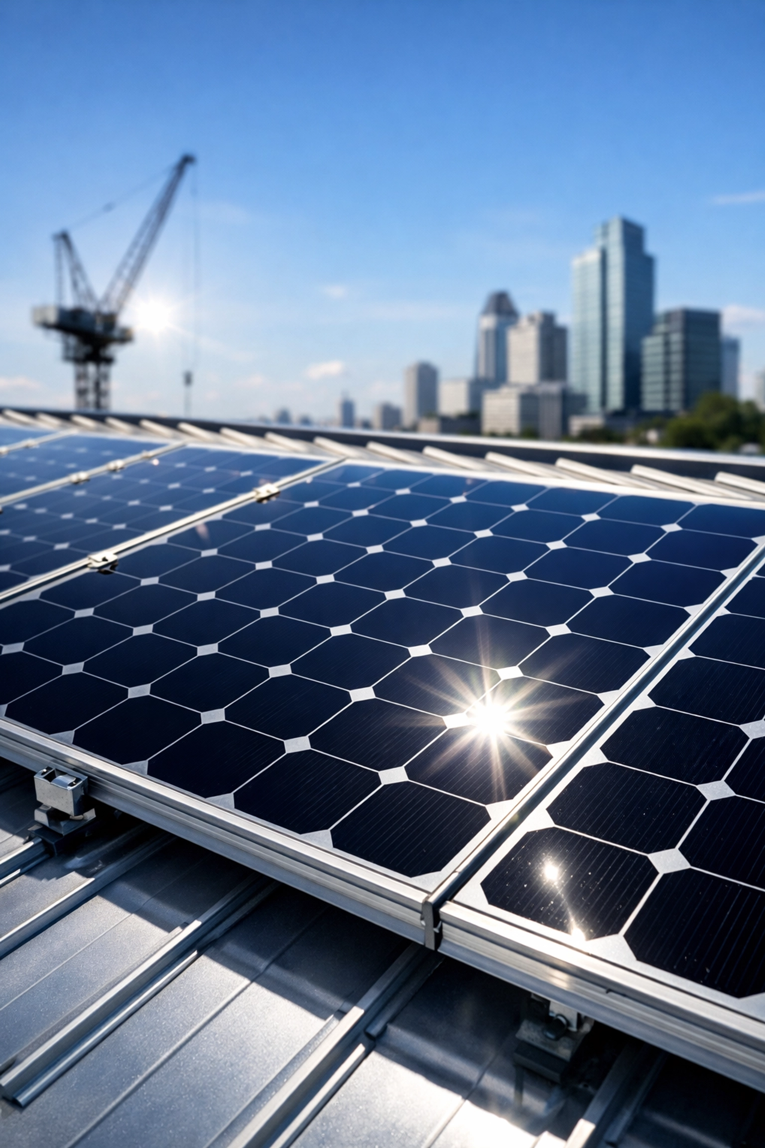 Close-up of premium solar panels on a commercial building roof with a city skyline in the background.