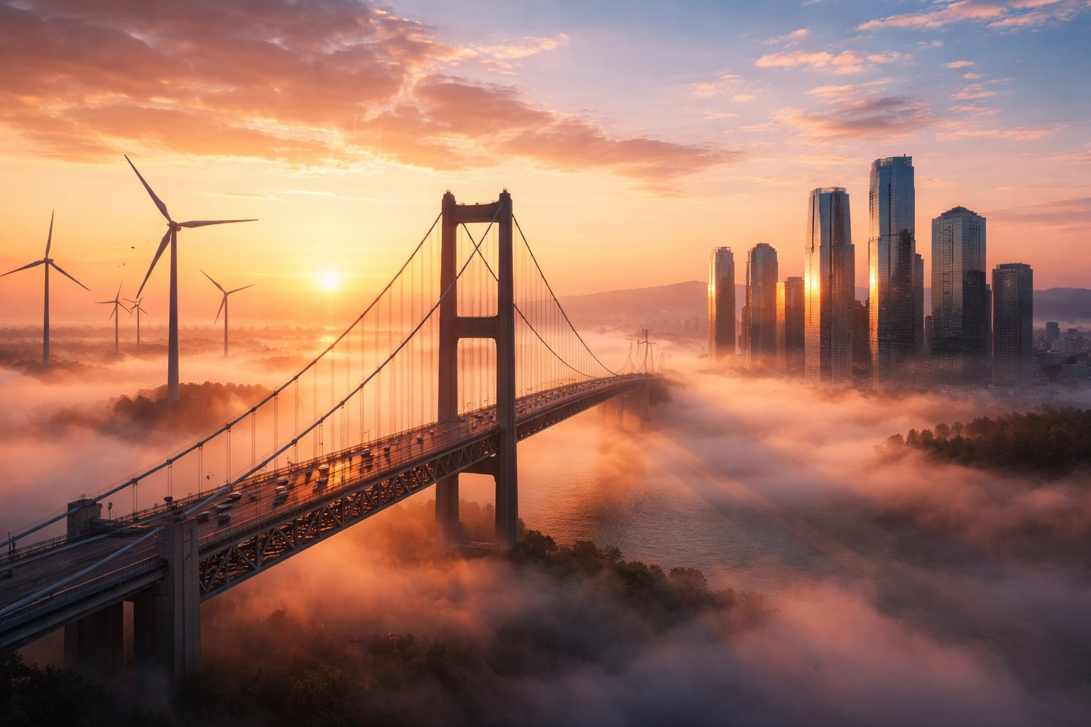 Dramatic infrastructure scene with a bridge, wind turbines, and office towers at sunrise, reflecting inflation-protected alternative investments.