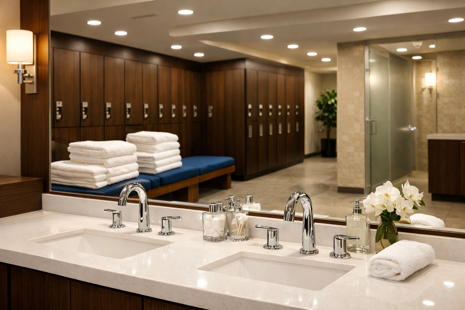 Clean and sanitized gym locker room with a sparkling vanity area in Fitchburg, MA.