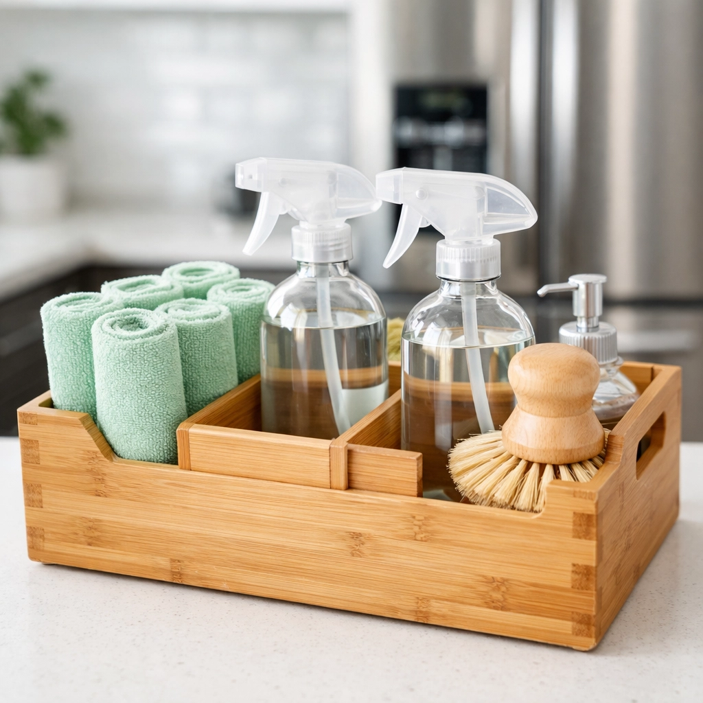 Professional eco-friendly cleaning supplies and bamboo caddy in a modern Tampa kitchen.