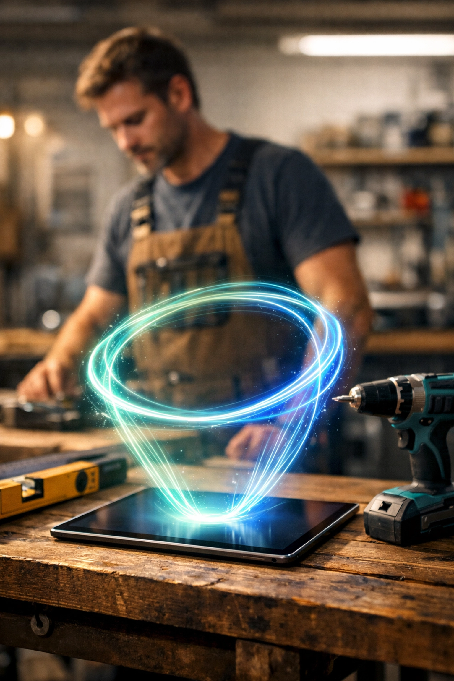 Professional workshop workbench with tools and a tablet illustrating a seamless, automated trades workflow loop.