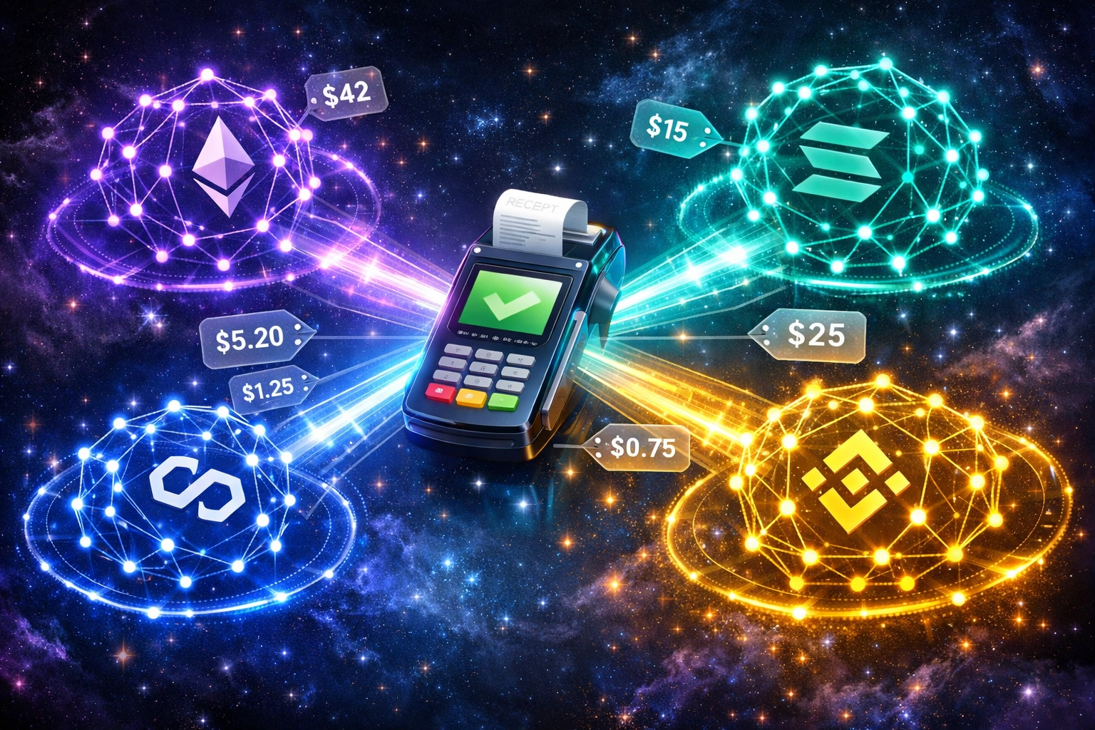 Multi-chain blockchain payment networks for reduced merchant gas fees