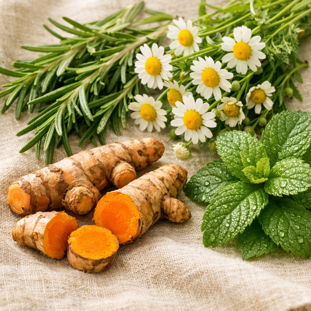 Freshly harvested medicinal herbs including turmeric, rosemary, and peppermint for holistic healing