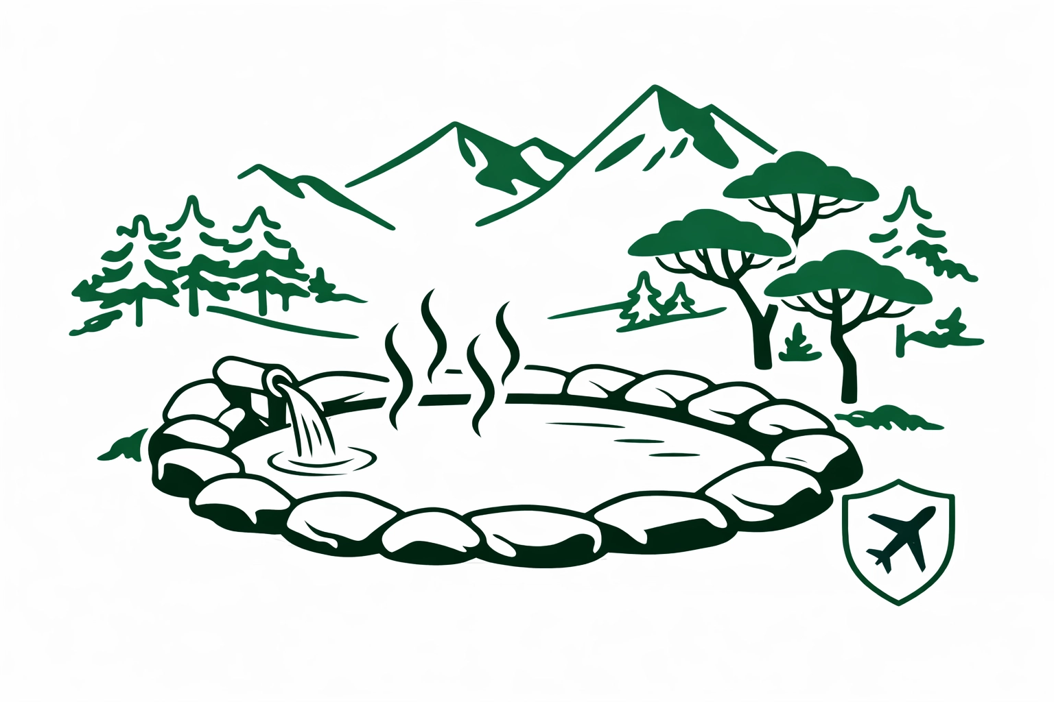 Minimalist vector illustration of a Hakone open-air onsen bath with forest and mountain outlines in Refare green-and-white style