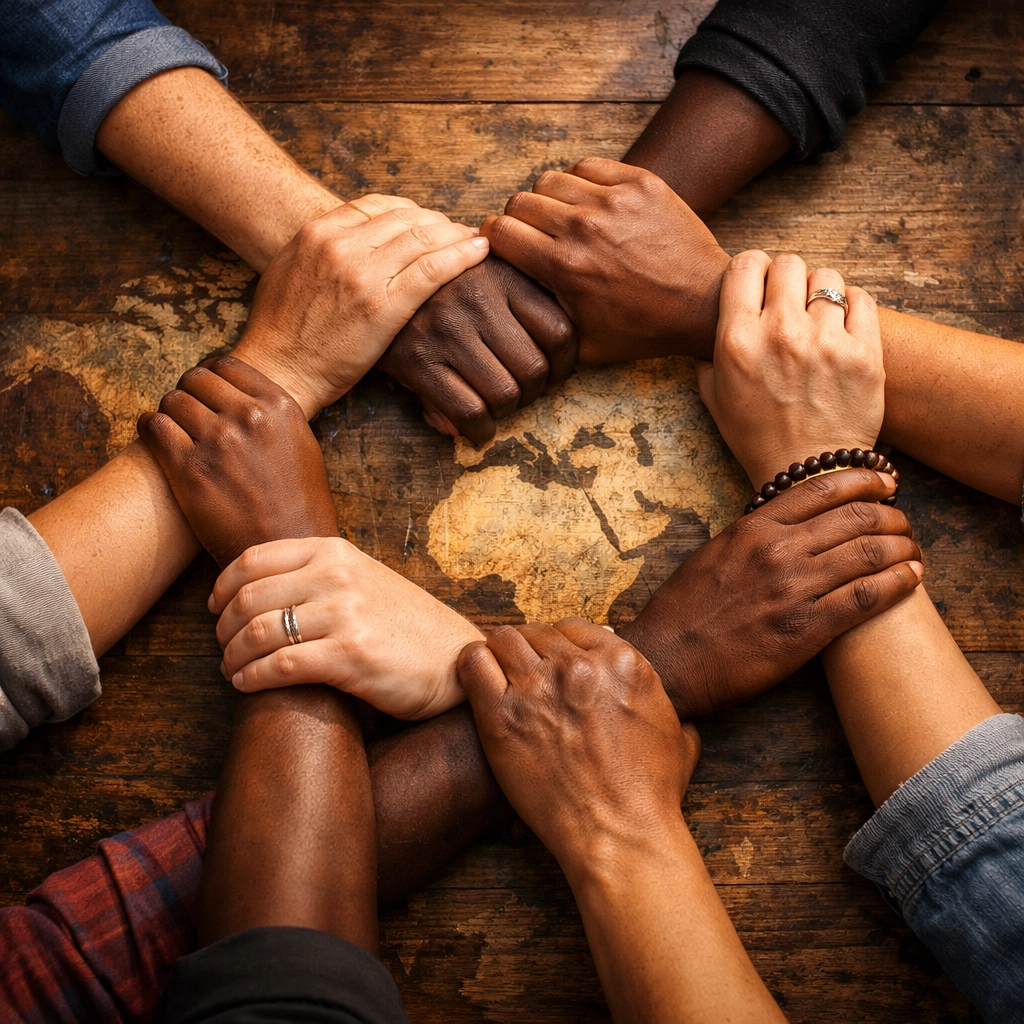 Diverse hands joined in unity over world map symbolizing cooperation and global community