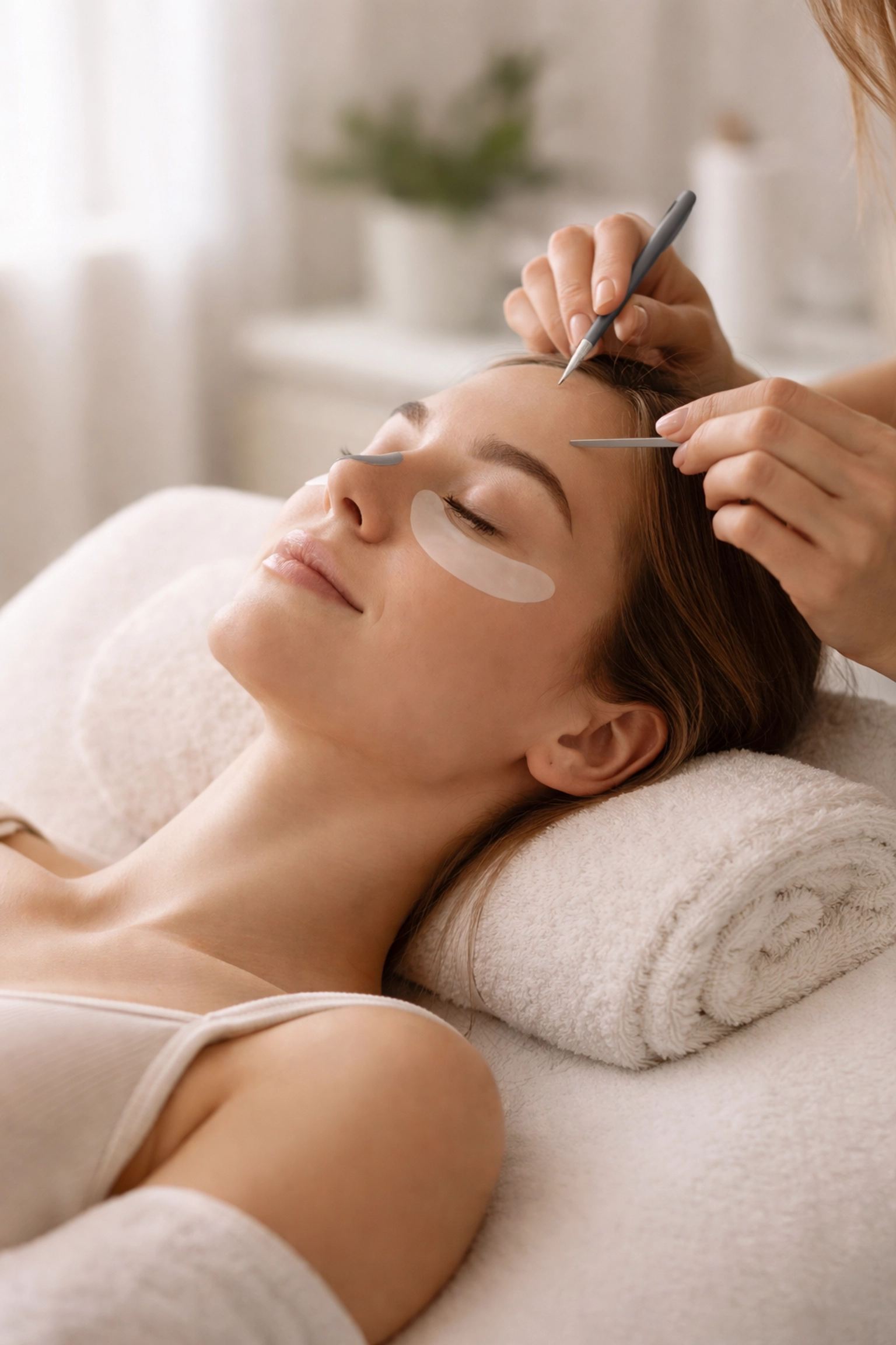 Γυναίκα απολαμβάνει χαλαρωτική θεραπεία βλεφαρίδων σε beauty salon στην Παιανία