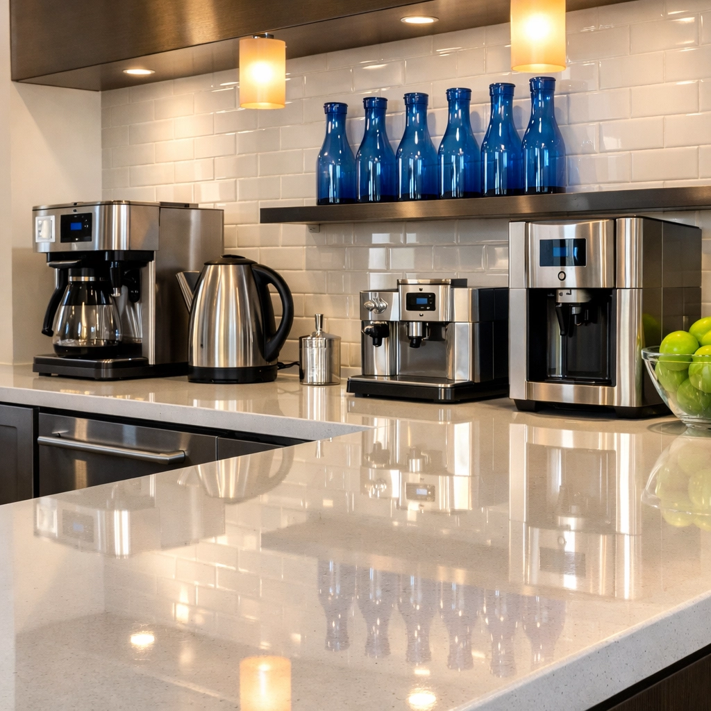 Sanitized office breakroom in Bedford with sparkling countertops from professional commercial cleaning services.