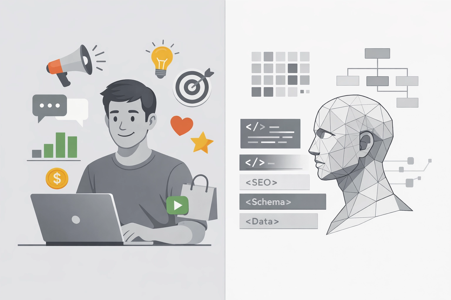 Comparison of human user experience versus AI agent analyzing structured data and website content