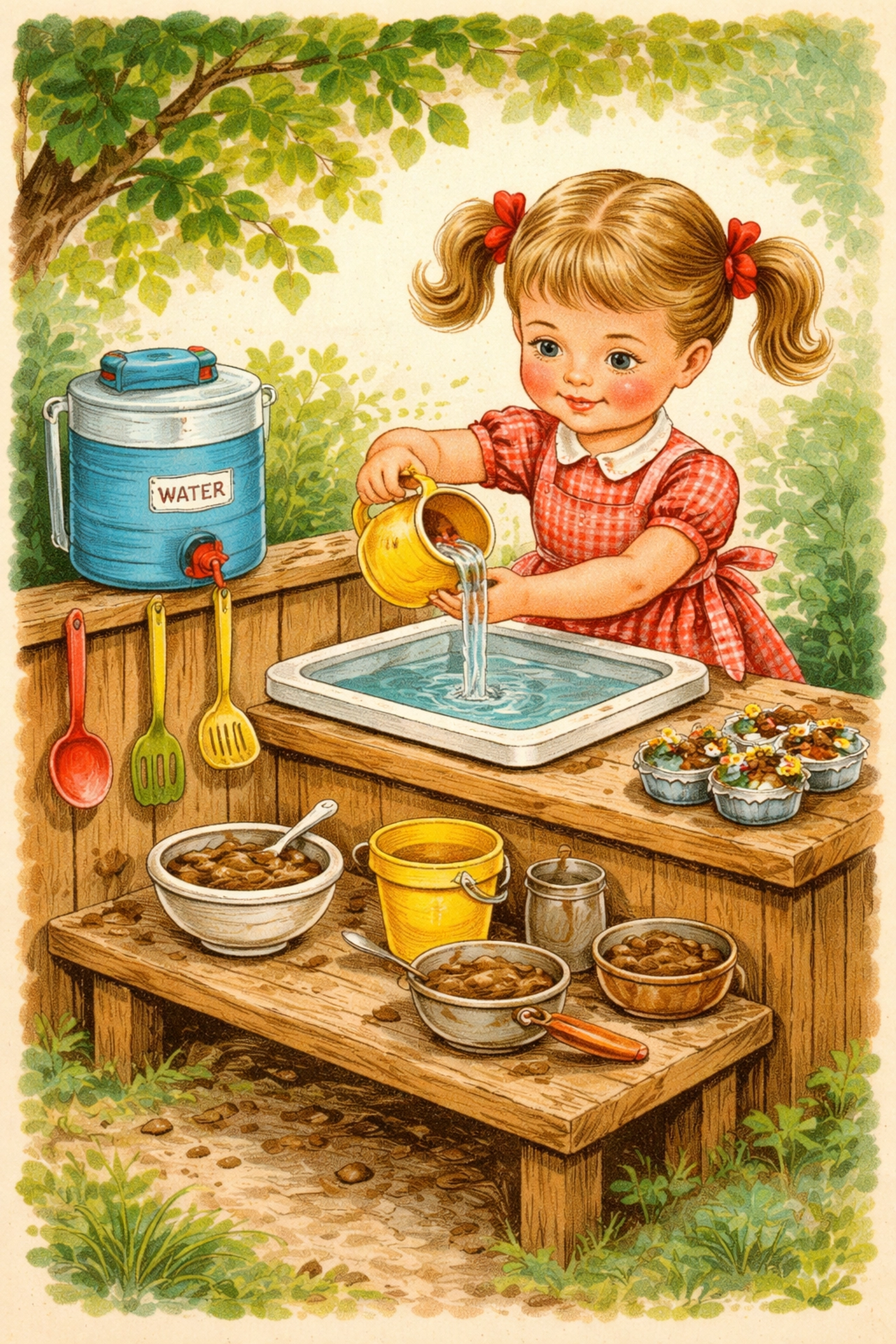 A child pours water into a mud kitchen sink using a small pitcher, demonstrating outdoor sensory activities.
