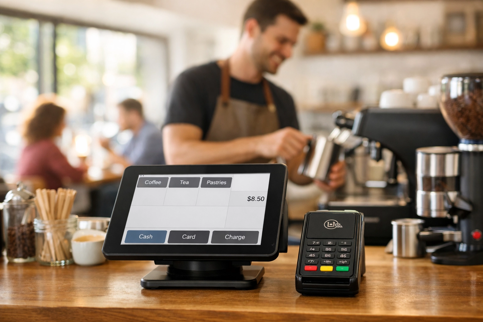 Small independent coffee shop counter showing compact POS card reader and tablet system in use