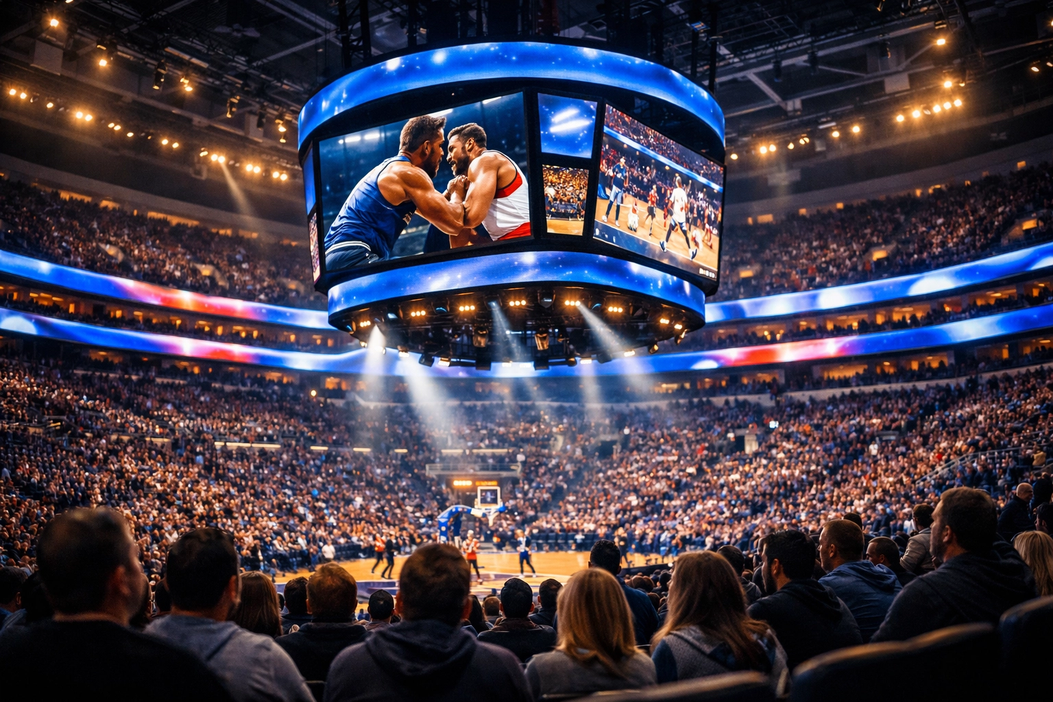 Modern sports arena with integrated digital media for scaling brand partnerships via Dakdan Worldwide.