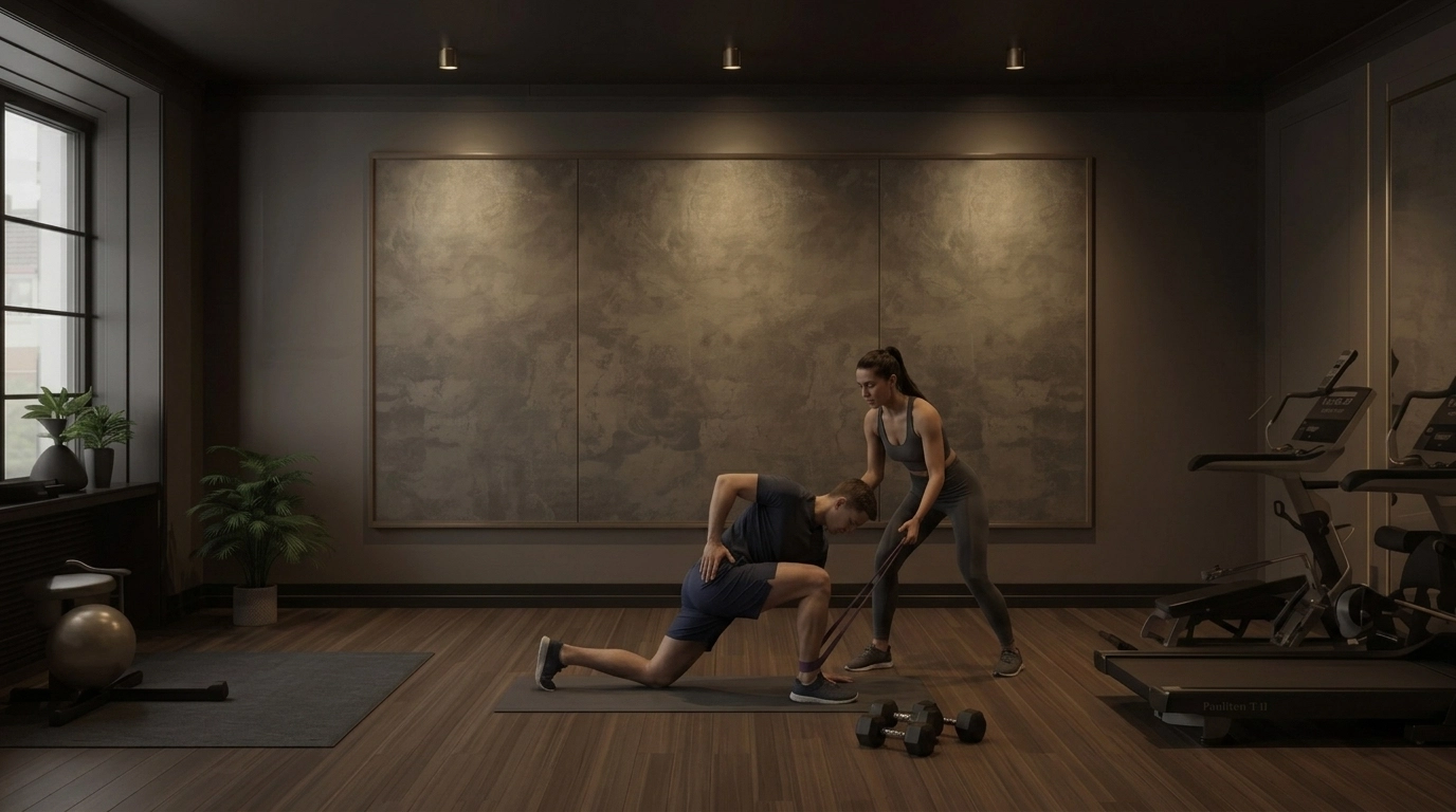 Personal trainer guiding a client through a mobility movement in a bright living room
