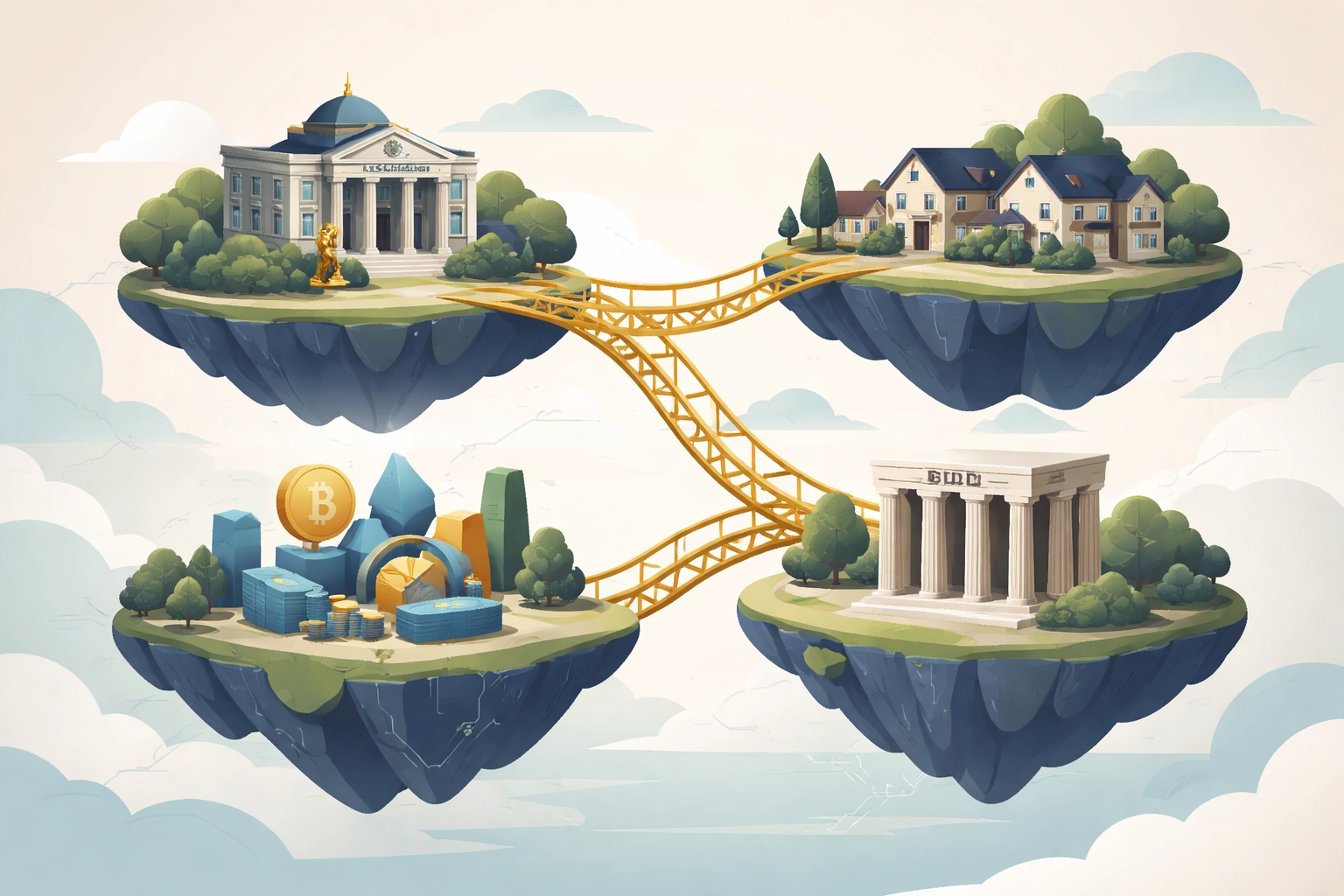 Four connected floating islands representing stocks, real estate, digital assets, and bonds, showing asset class variety in a diversified portfolio.