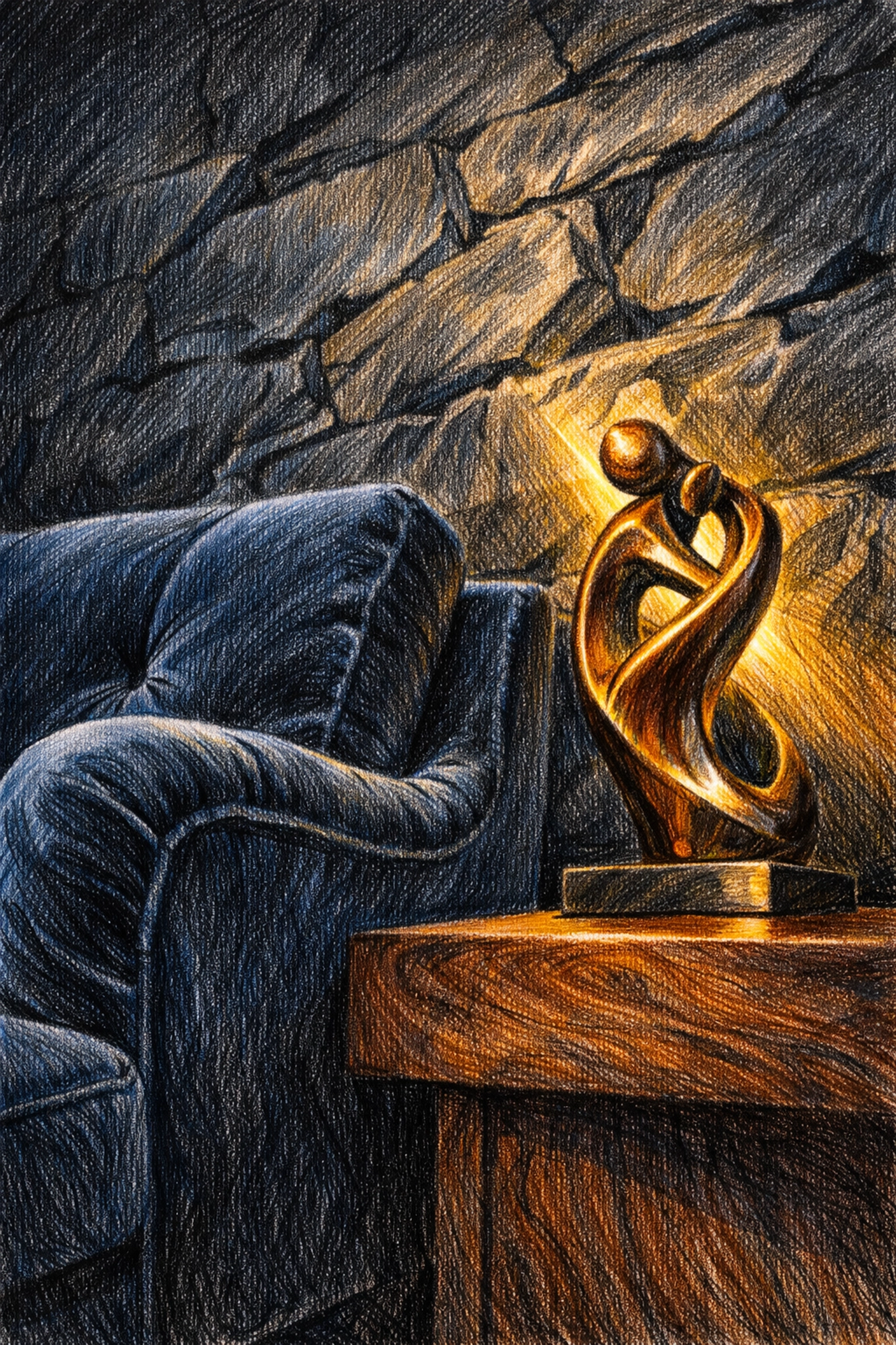 Luxury hospitality design featuring a navy velvet armchair against a dark slate wall.