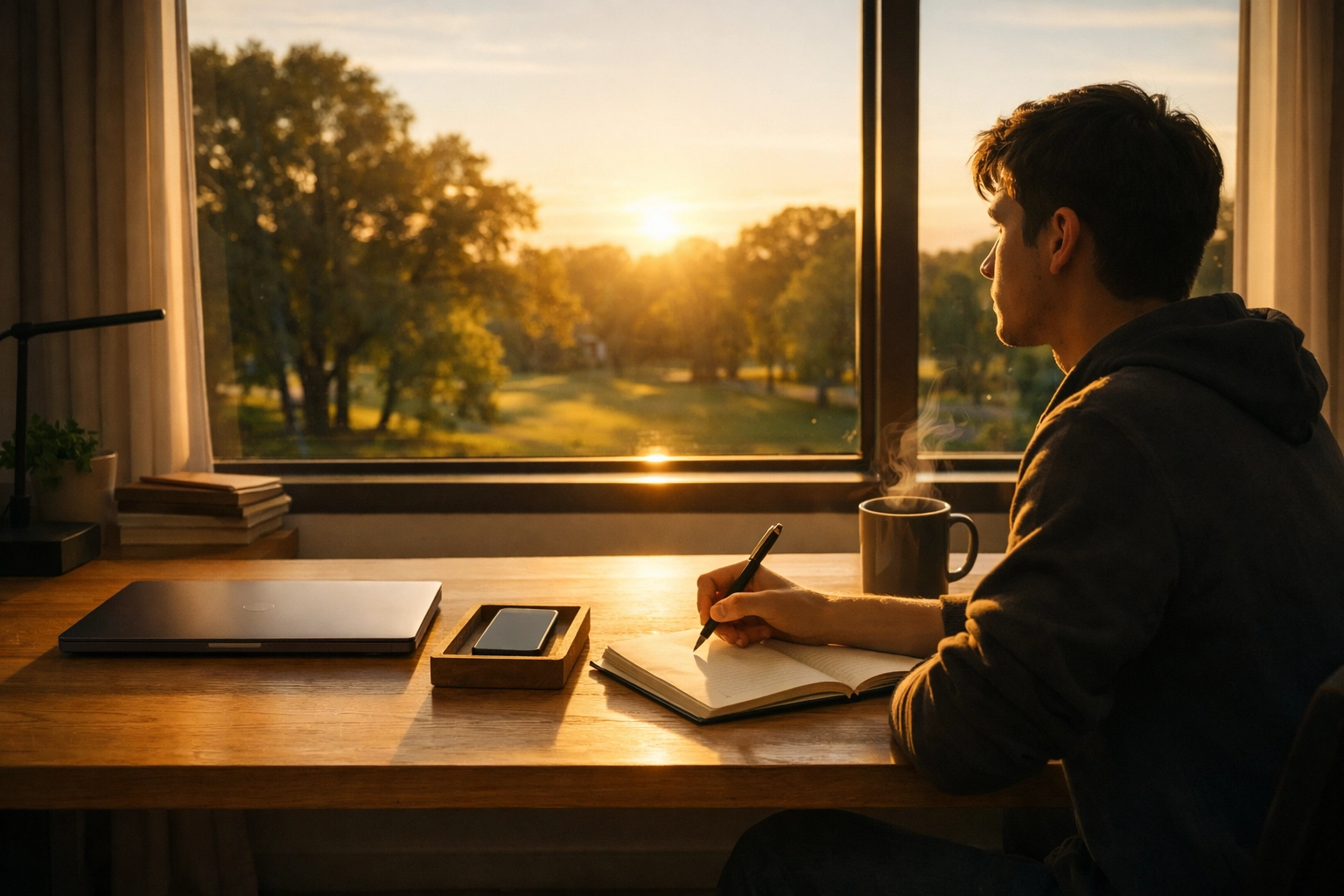 Minimalist student workspace with a notebook and pen, illustrating deep work and digital detox habits.