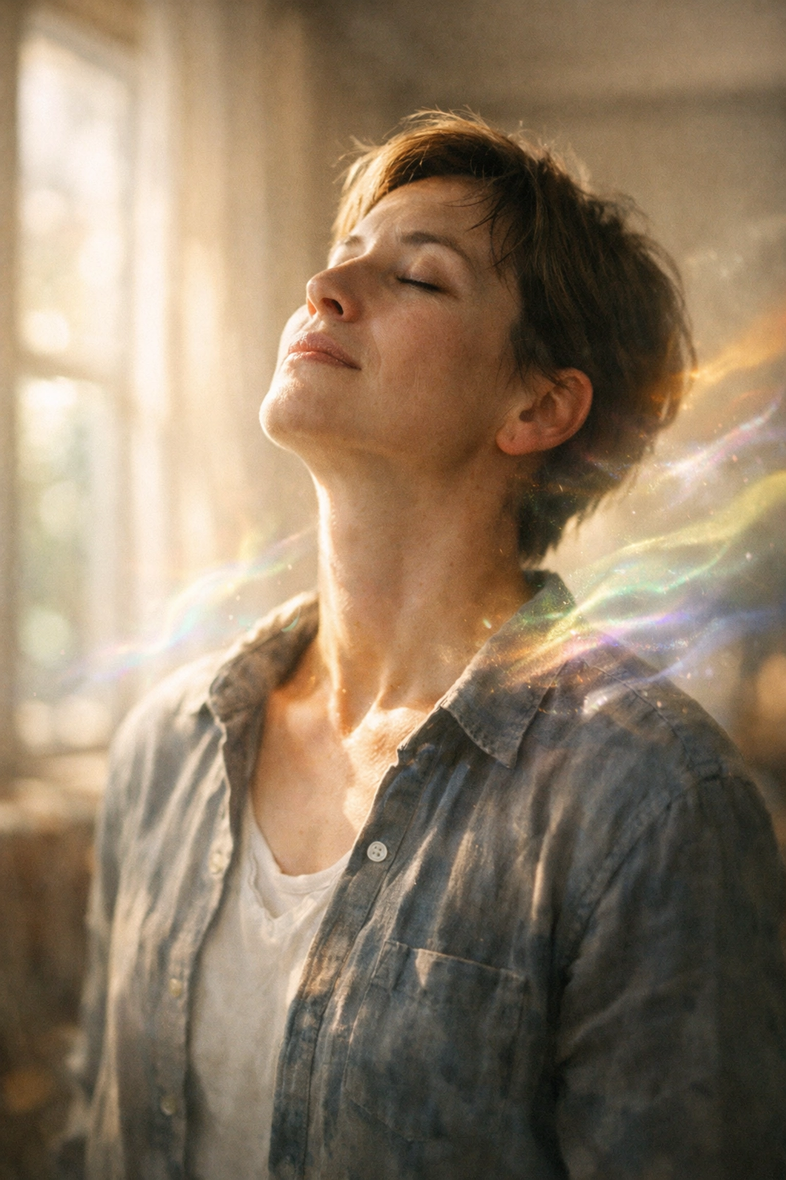 A calm adult experiencing the relief of unmasking in a peaceful, sun-drenched room.