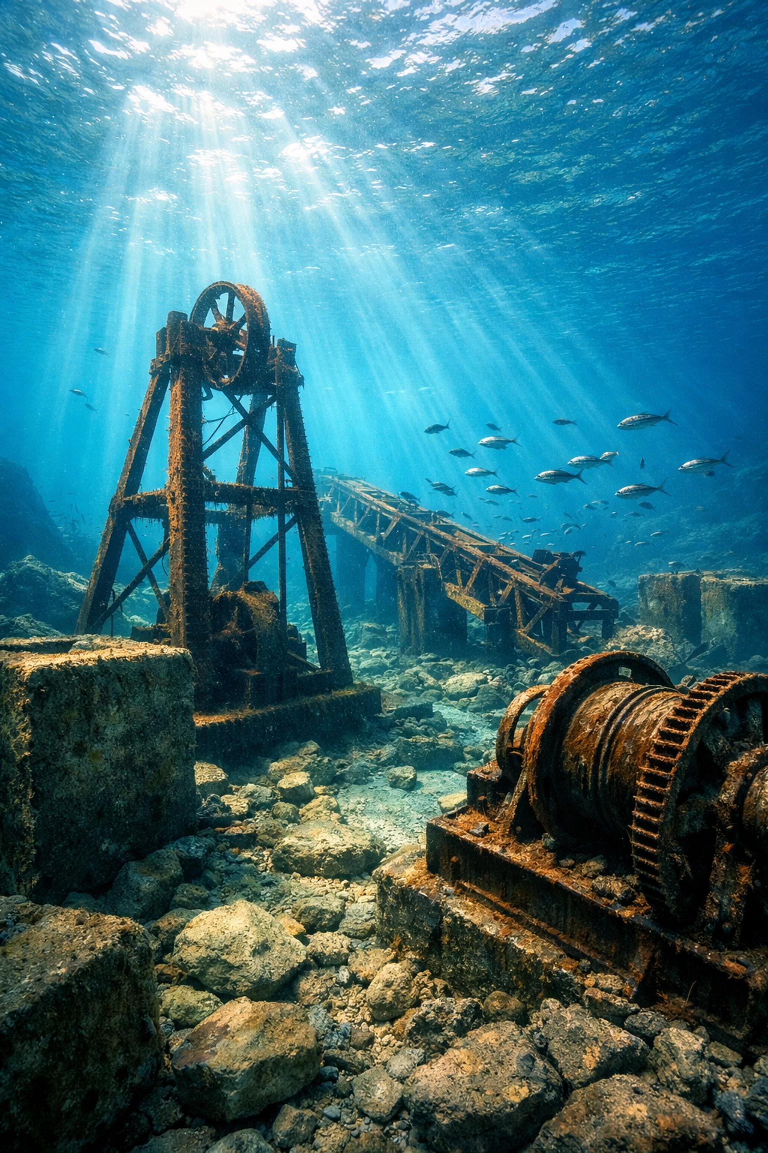 Betonruinen und Metallstrukturen unter Wasser im Goitzschesee - beliebtes Tauchrevier