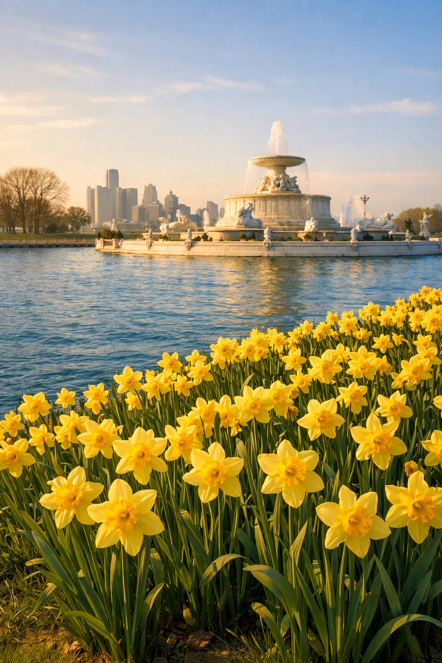 Rows of blooming daffodils along the Detroit River at Belle Isle Park near Scott Fountain.