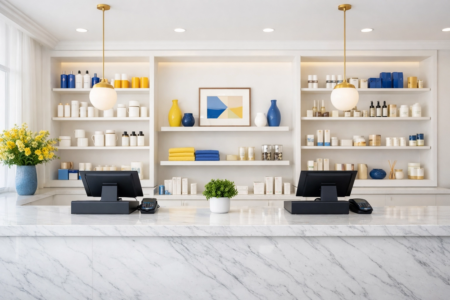 Showroom-ready retail checkout area with clean marble counters and dust-free shelves.