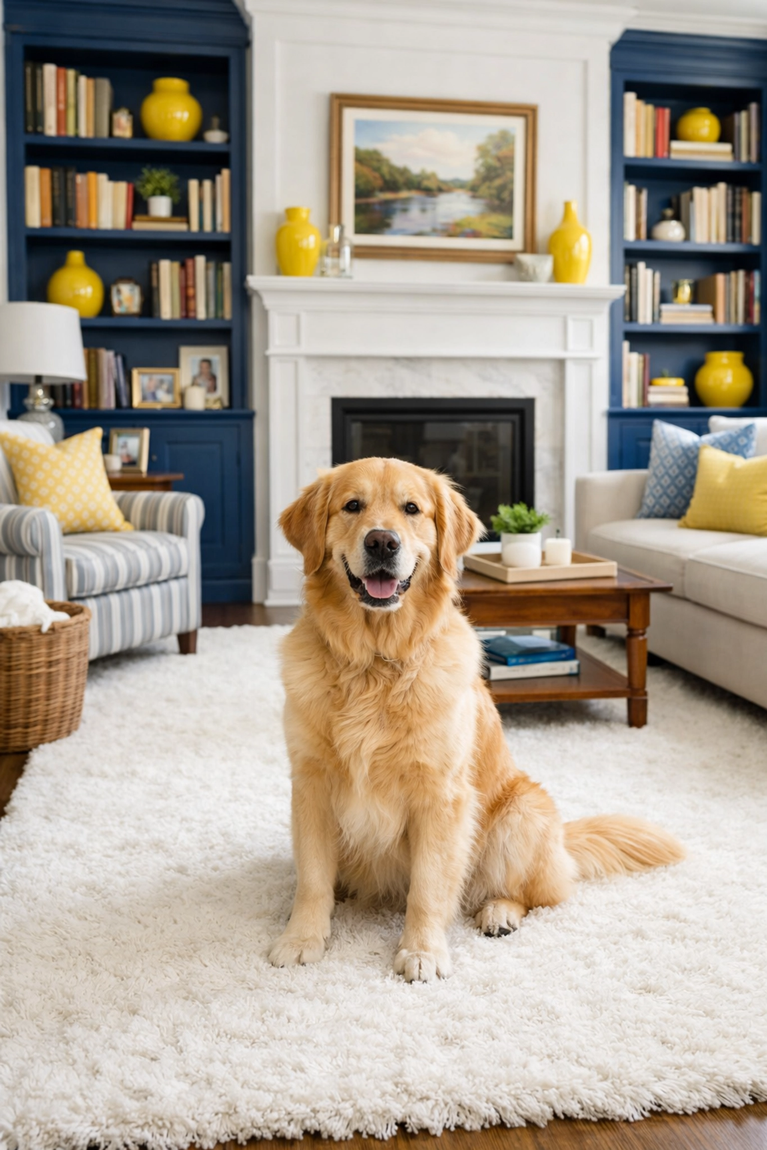 A tidy Wellesley family room and happy dog after eco-friendly house cleaning services MA.
