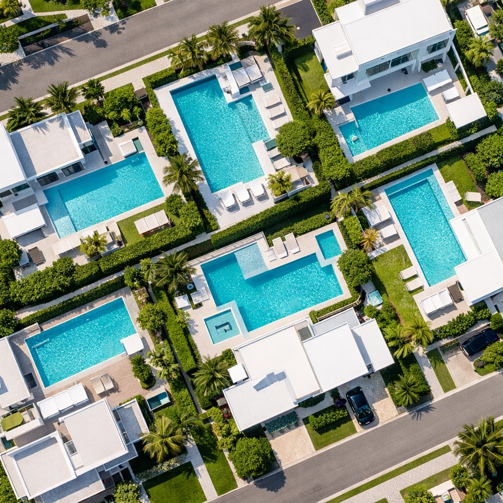 Aerial view of luxury neighborhood pools showing high route density for better pool route valuation.