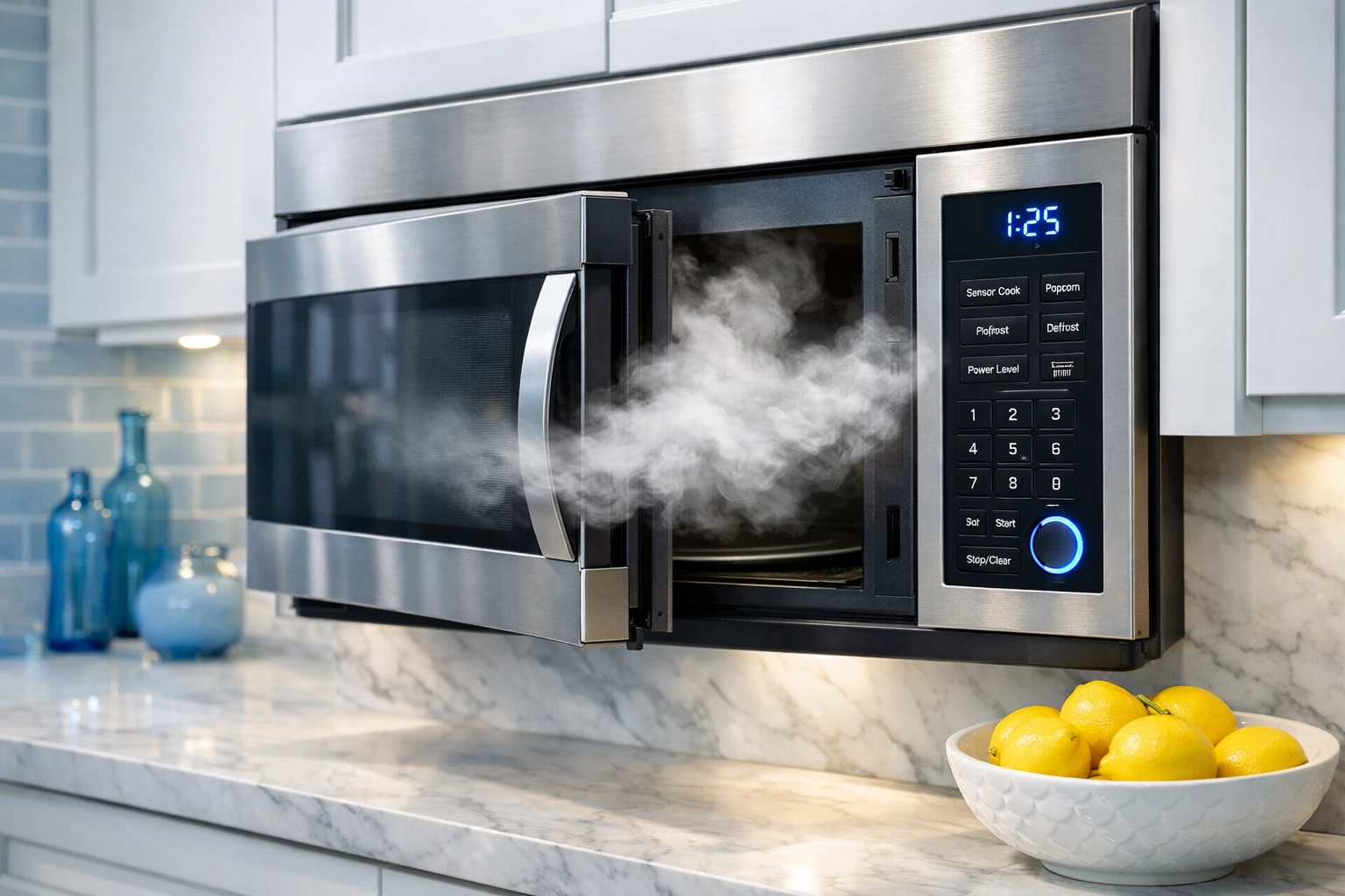 Steam rising from an open stainless steel microwave in a sparkling clean modern kitchen.