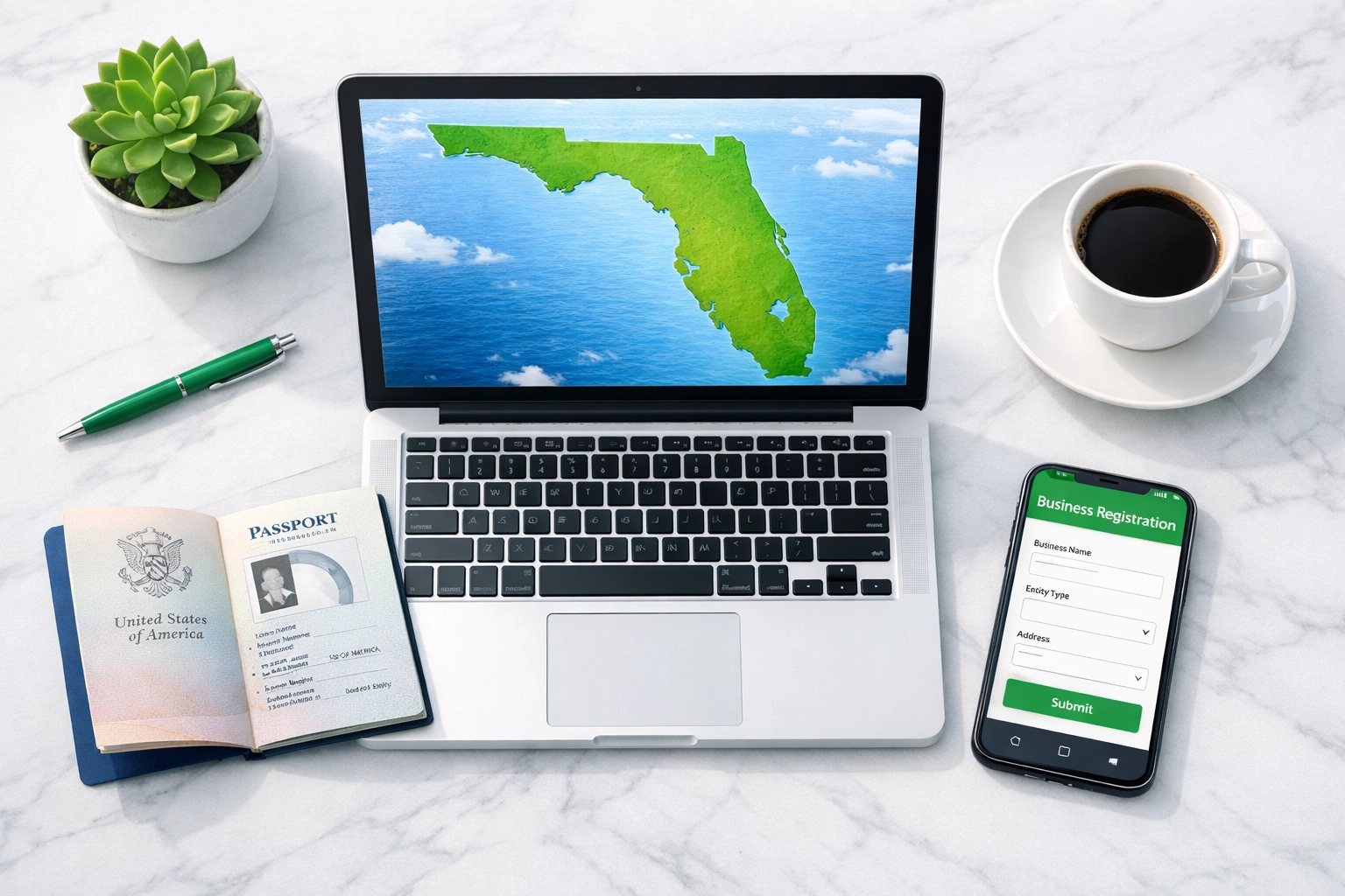 Emprendedor registrando LLC en Florida de forma remota con pasaporte y laptop